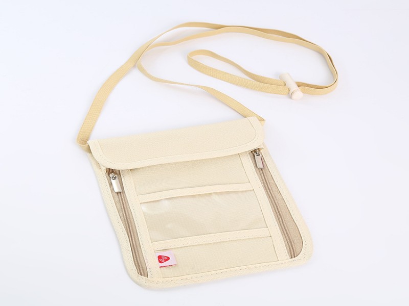 RFID-Blocking Travel Neck Pouch, Beige - Water-Resistant Passport & Card Holder