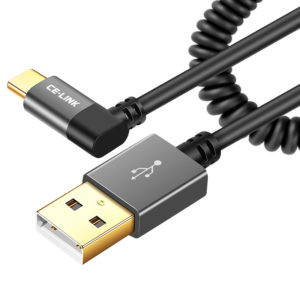 90-Degree USB-C Coiled Charging Cable, 1.5m - 3A Fast Charge for Car & Sat Nav