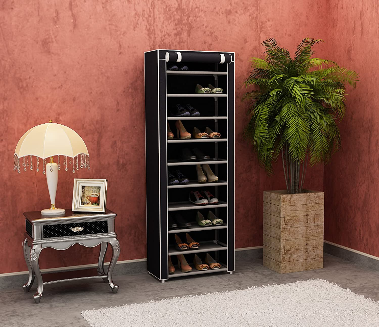 Lasa 10-Tier Shoe Rack with Dust Cover, Black - Fabric Storage Cabinet, 3kg per Shelf