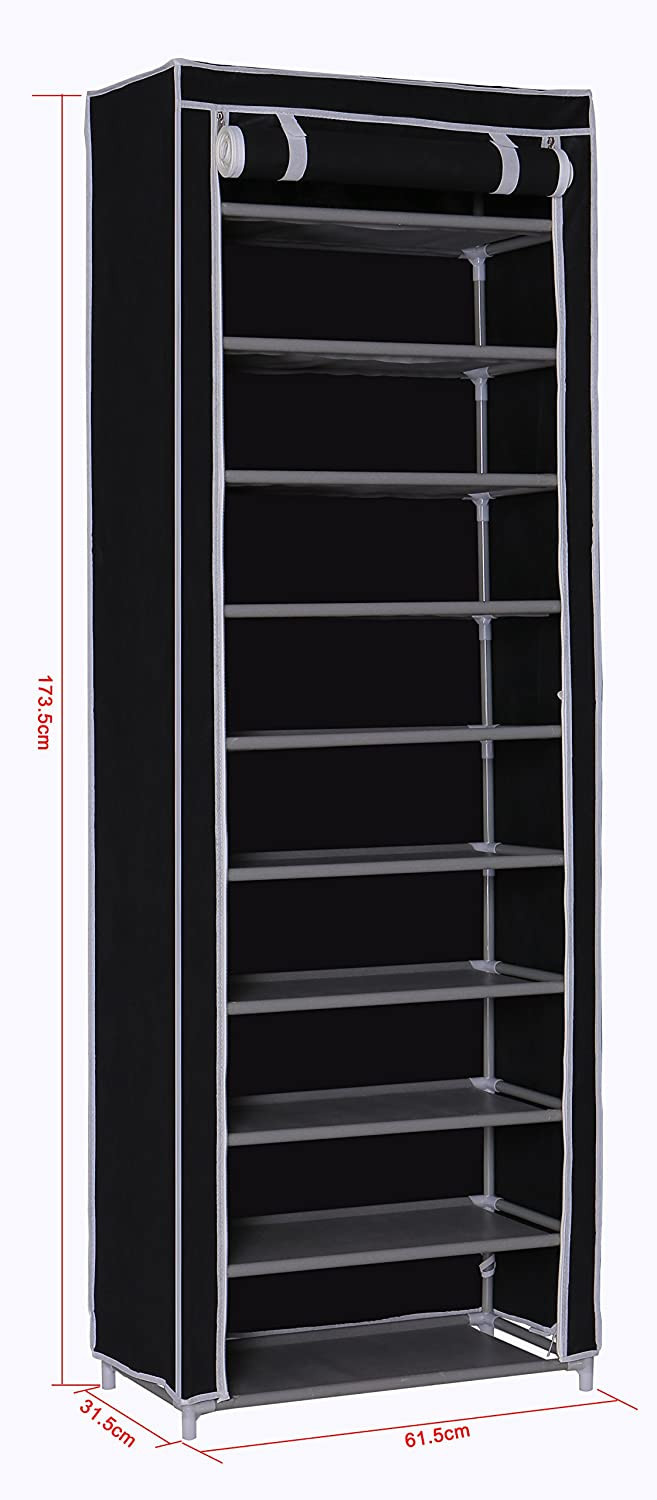 Lasa 10-Tier Shoe Rack with Dust Cover, Black - Fabric Storage Cabinet, 3kg per Shelf