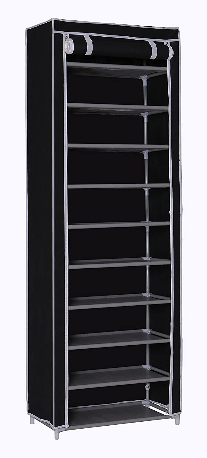 Lasa 10-Tier Shoe Rack with Dust Cover, Black - Fabric Storage Cabinet, 3kg per Shelf