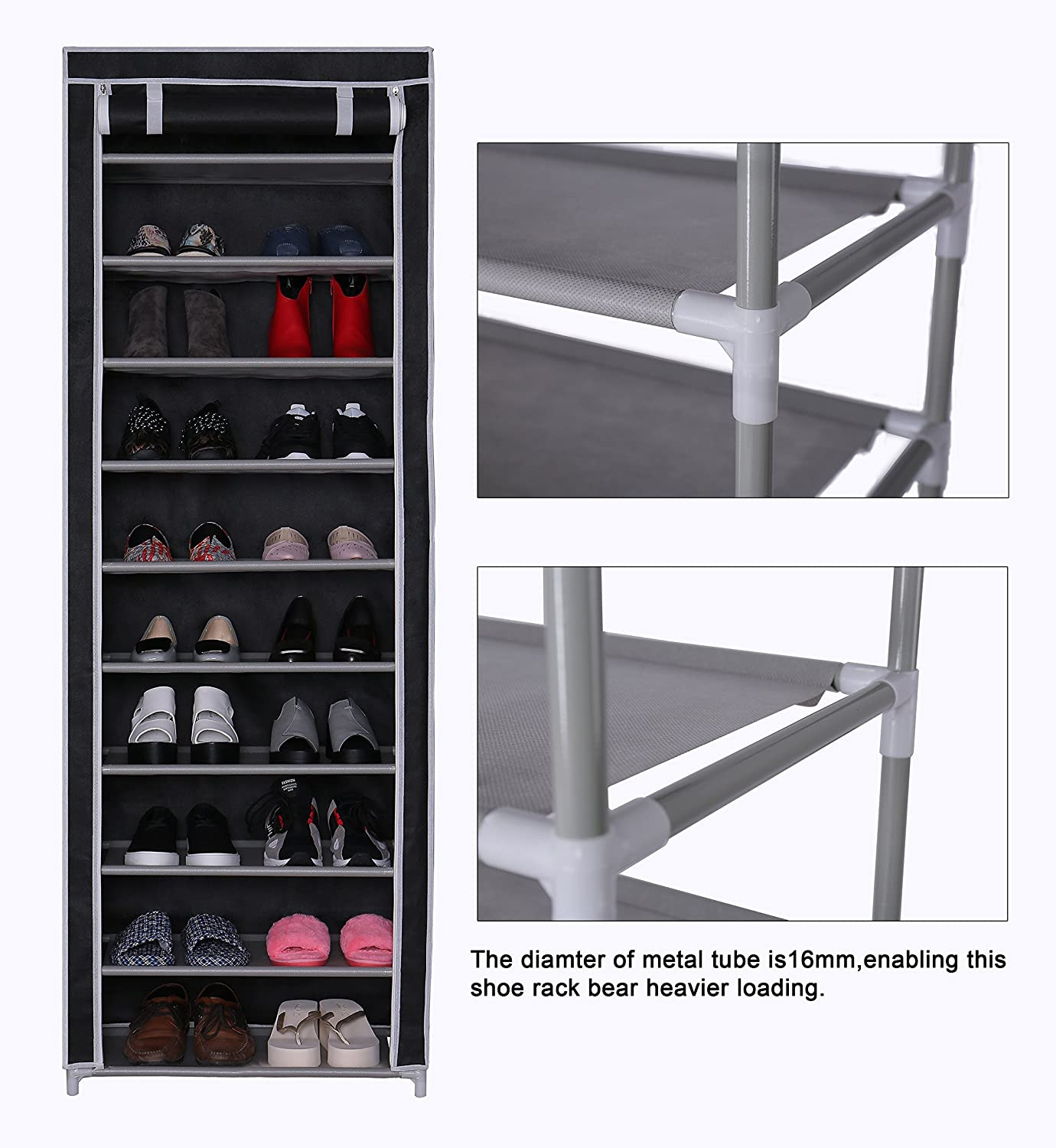 Lasa 10-Tier Shoe Rack with Dust Cover, Black - Fabric Storage Cabinet, 3kg per Shelf