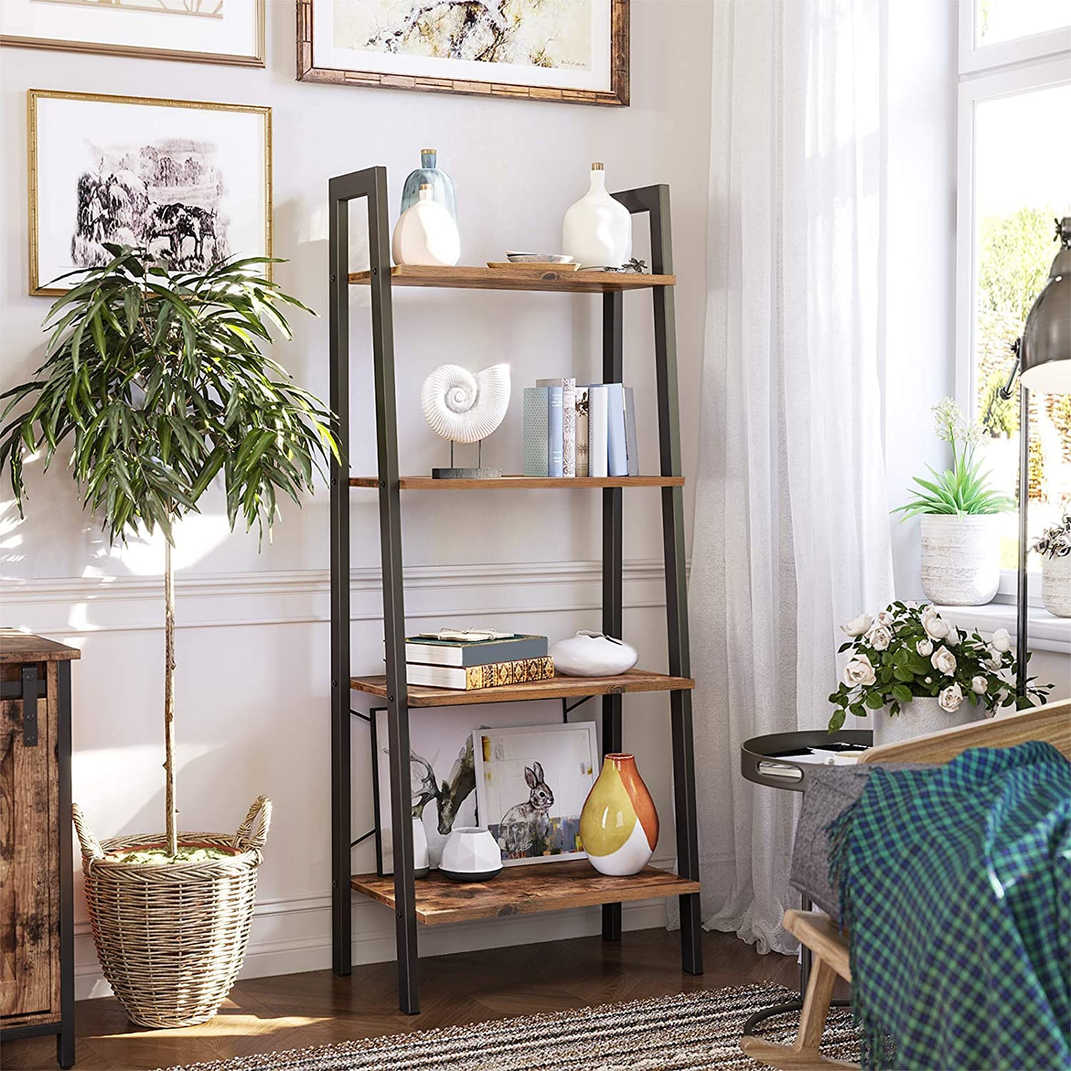 Lazava 4-Tier Ladder Bookshelf, Rustic Brown - Matte Black Steel Frame with X-Bars