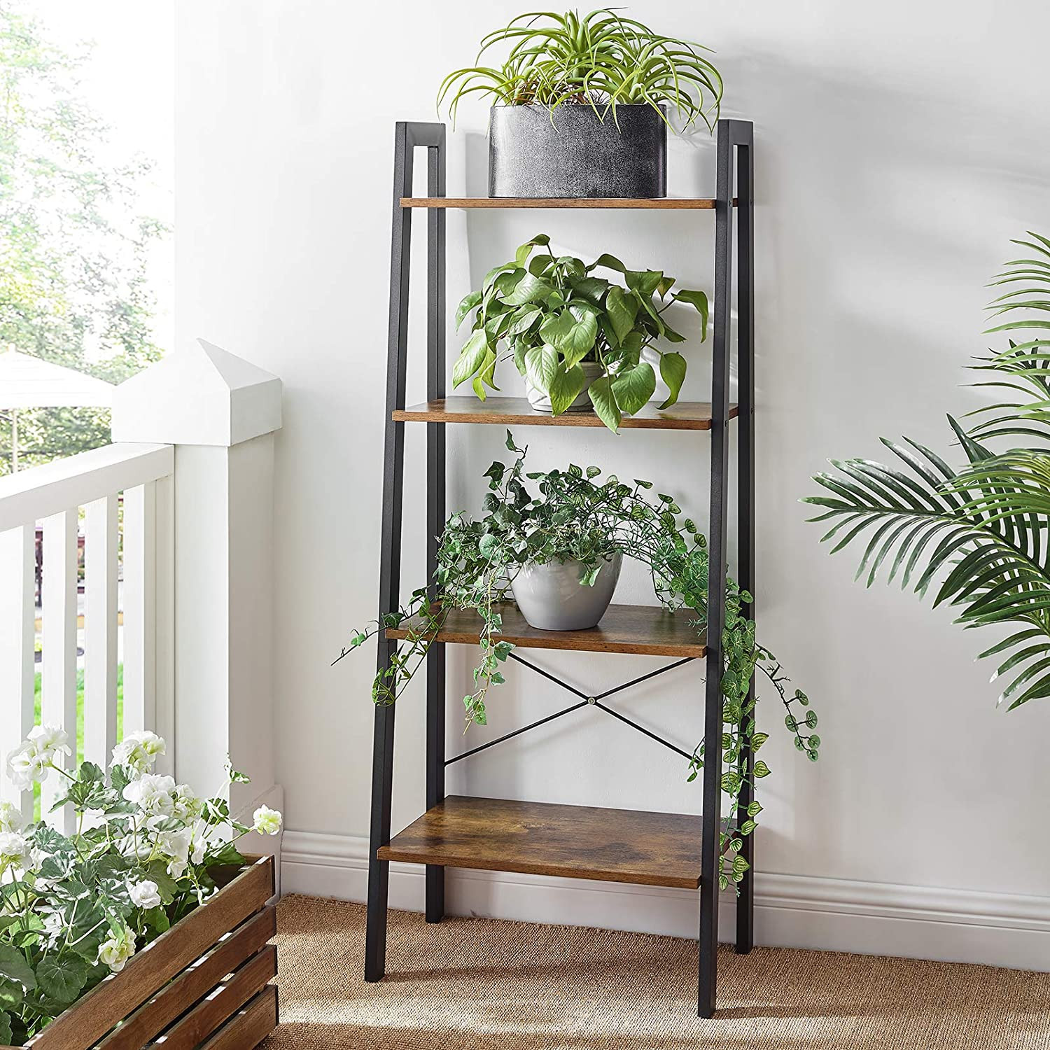 Lazava 4-Tier Ladder Bookshelf, Rustic Brown - Matte Black Steel Frame with X-Bars