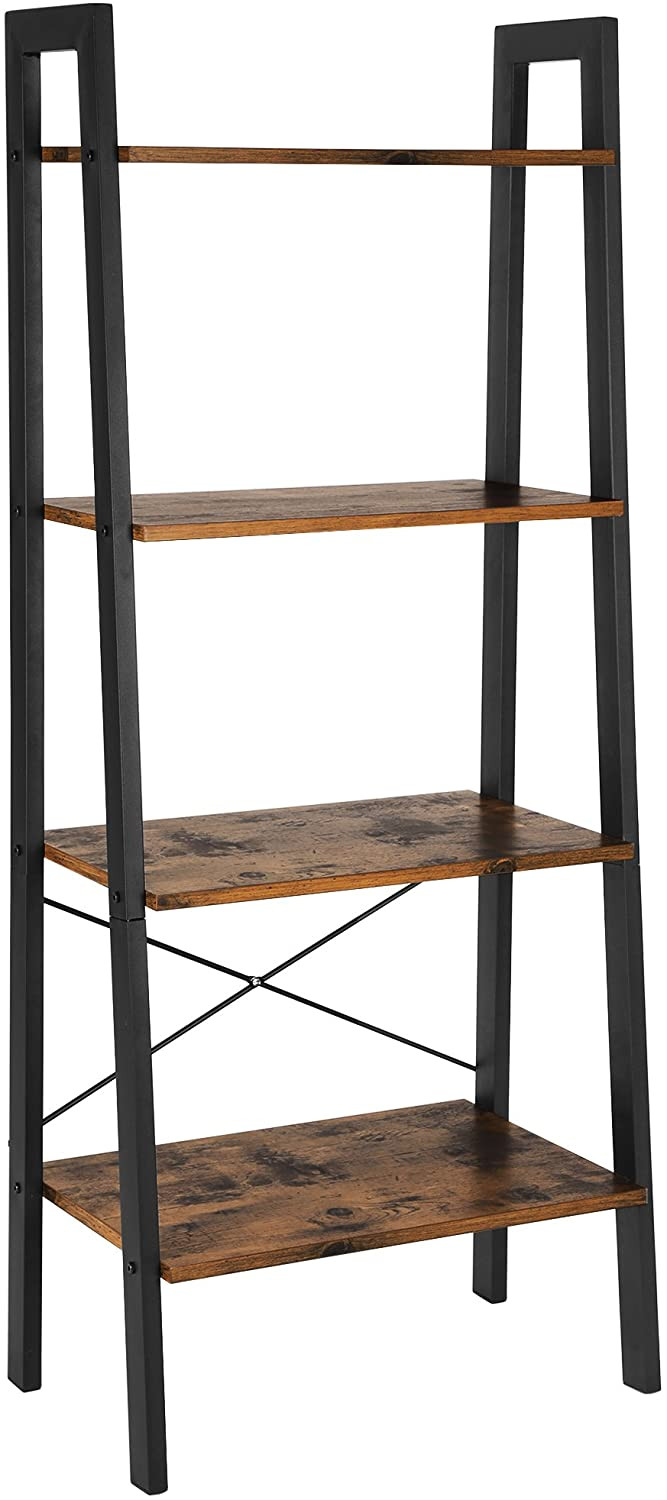 Lazava 4-Tier Ladder Bookshelf, Rustic Brown - Matte Black Steel Frame with X-Bars