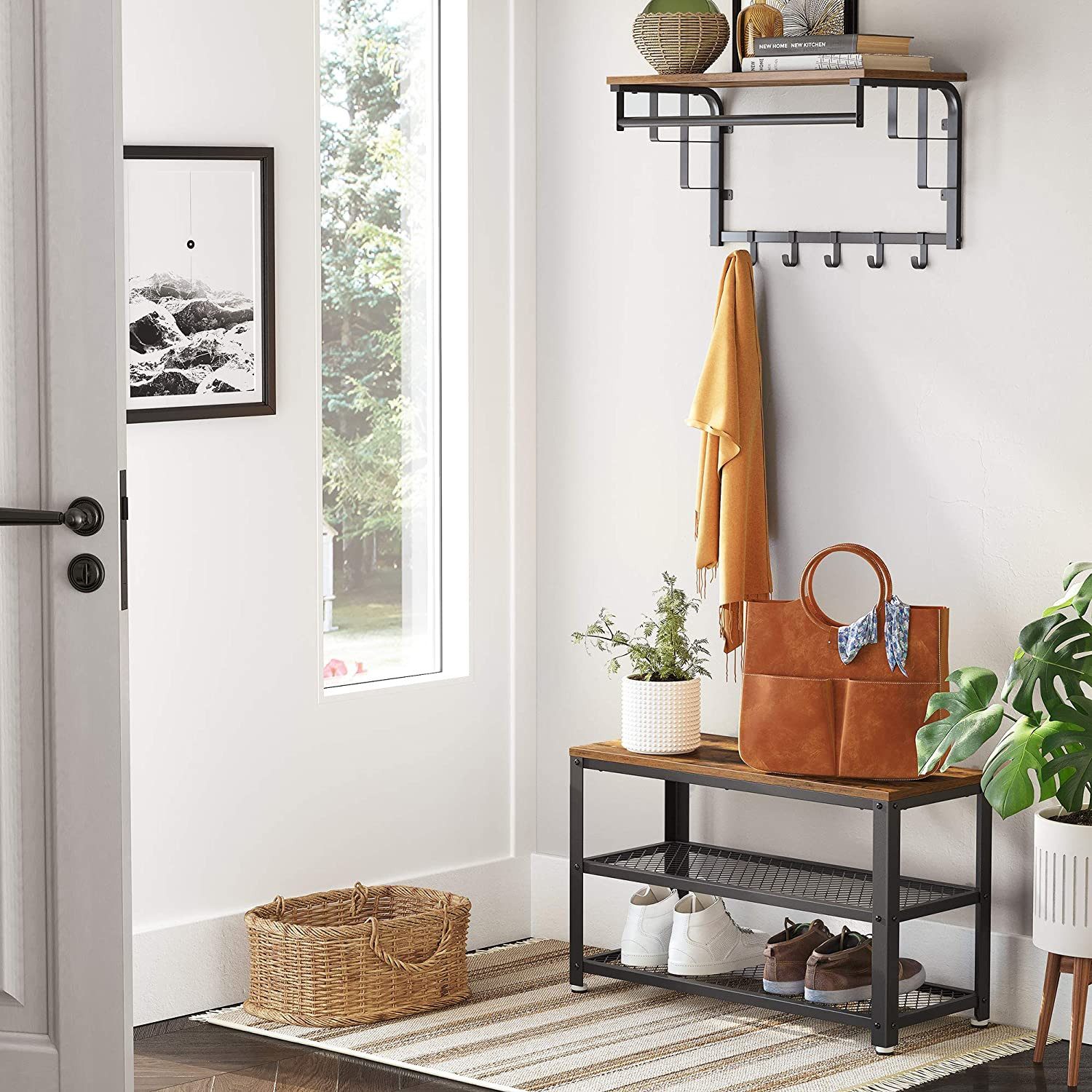 Lazava 3-Tier Industrial Shoe Bench, Rustic Brown - Entryway Seat with Mesh Shelves, 90kg