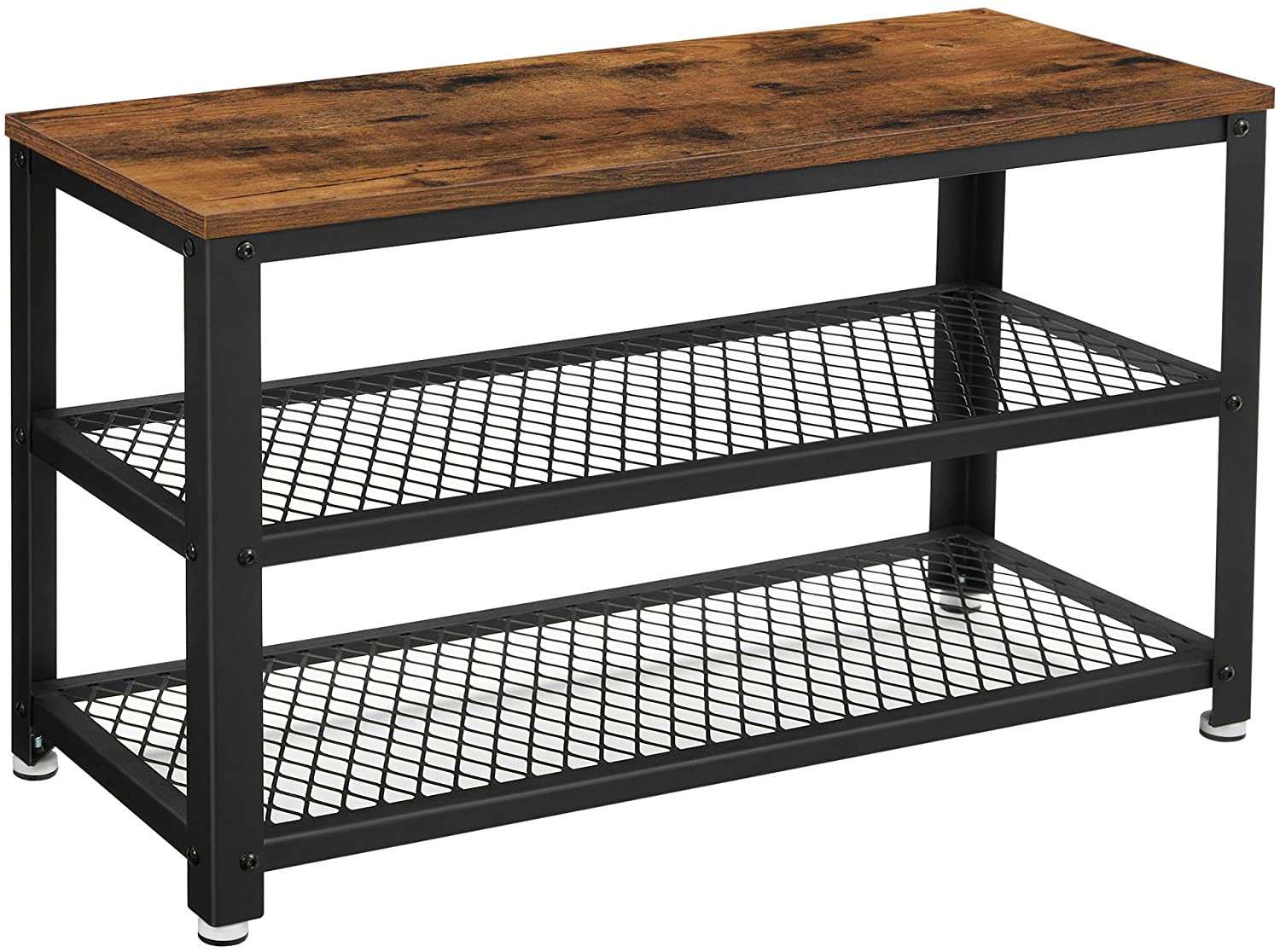 Lazava 3-Tier Industrial Shoe Bench, Rustic Brown - Entryway Seat with Mesh Shelves, 90kg