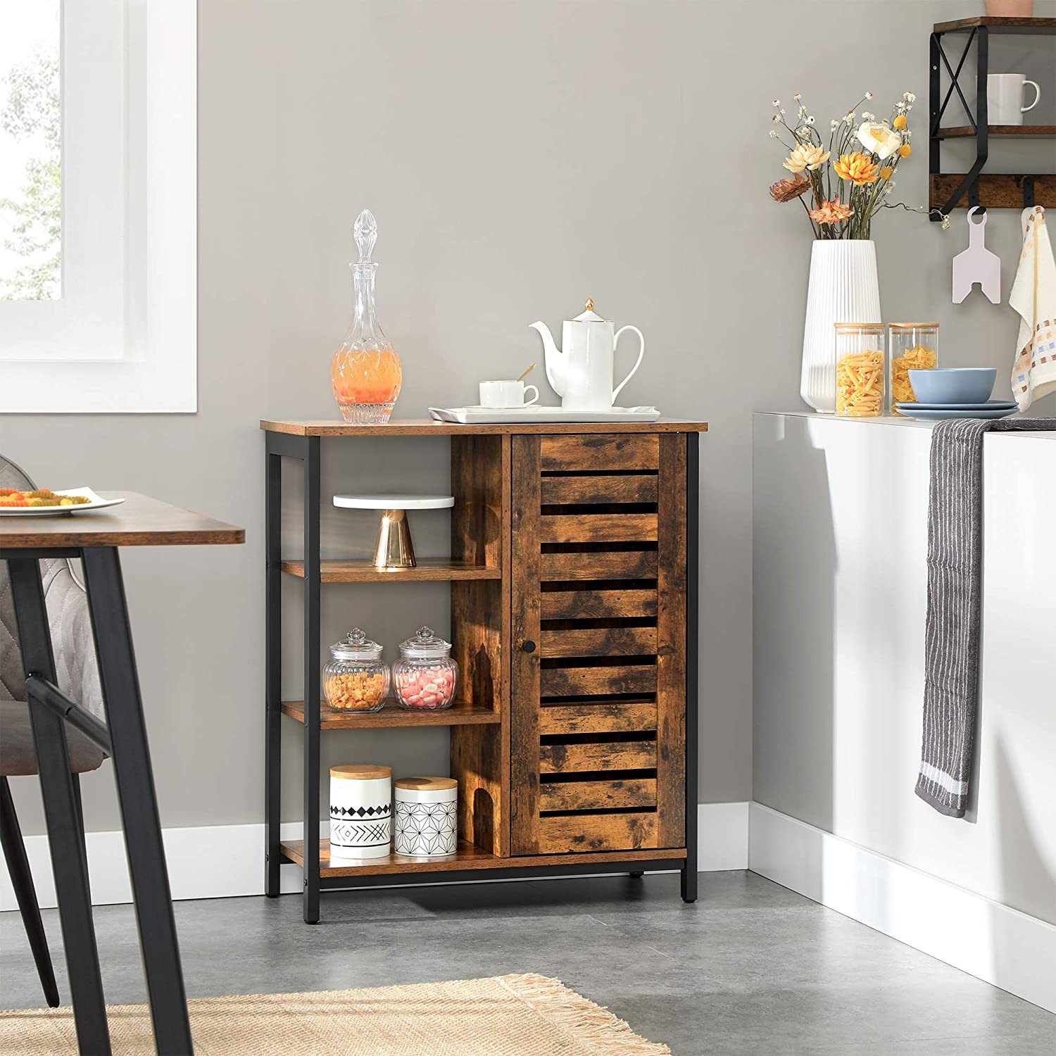 Lazava Multi-Purpose Storage Cabinet with 3 Open Shelves & Push-to-Open Door - Rustic Industrial