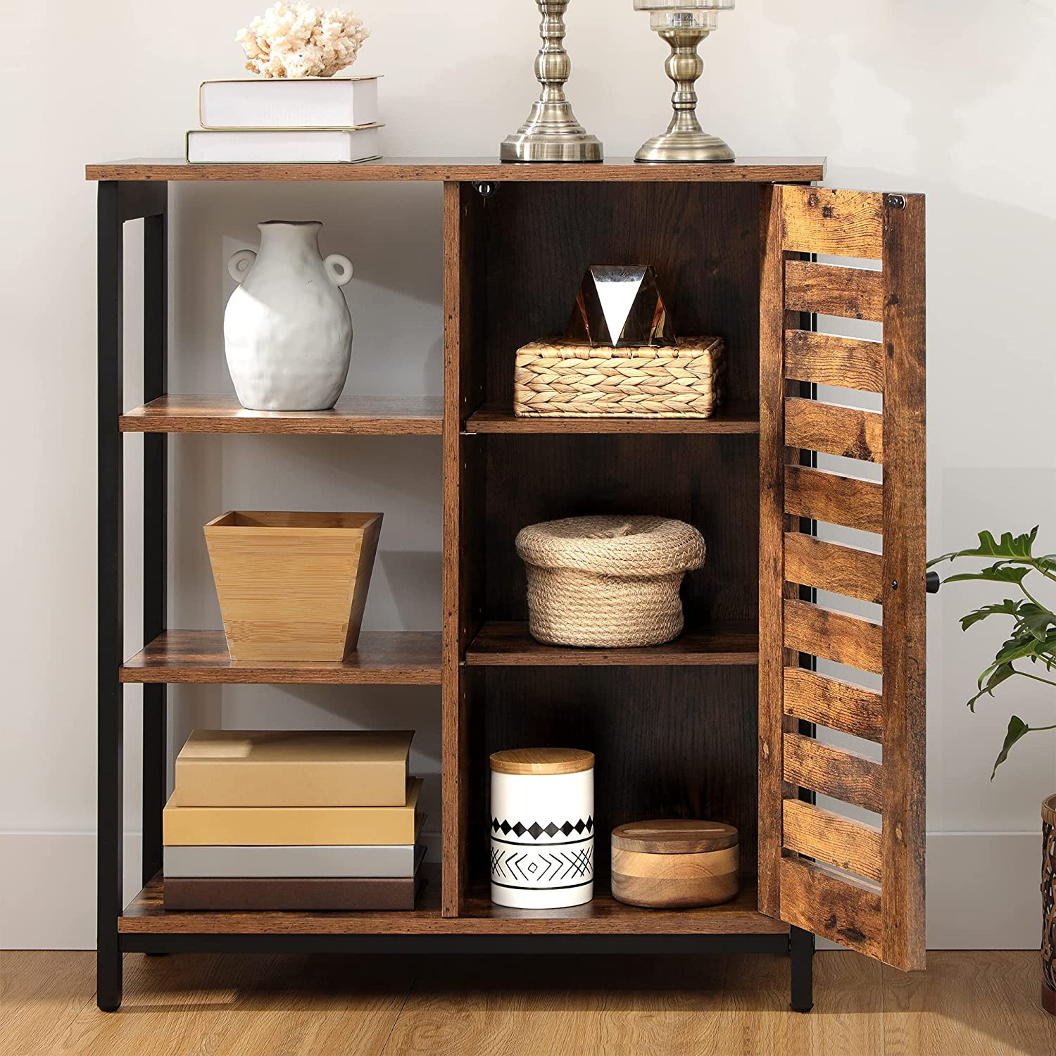 Lazava Multi-Purpose Storage Cabinet with 3 Open Shelves & Push-to-Open Door - Rustic Industrial