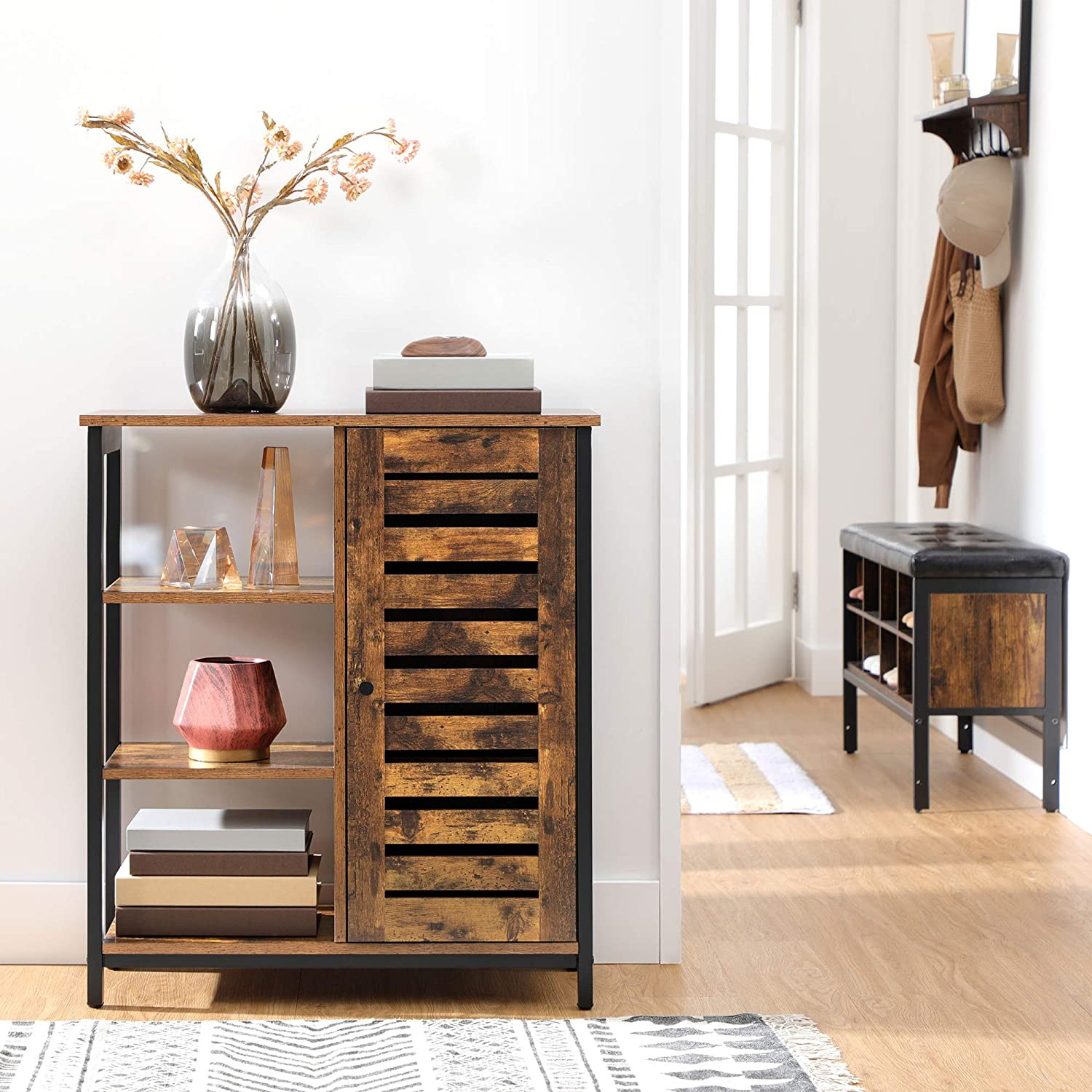 Lazava Multi-Purpose Storage Cabinet with 3 Open Shelves & Push-to-Open Door - Rustic Industrial