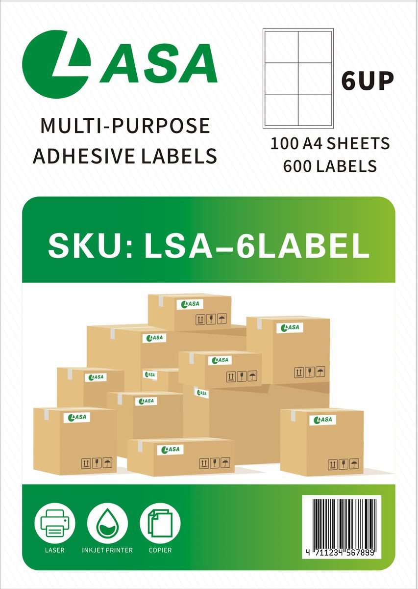 A4 Barcode Label Sheets, 6-Up, 1 Pack - Permanent Adhesive Printer Labels
