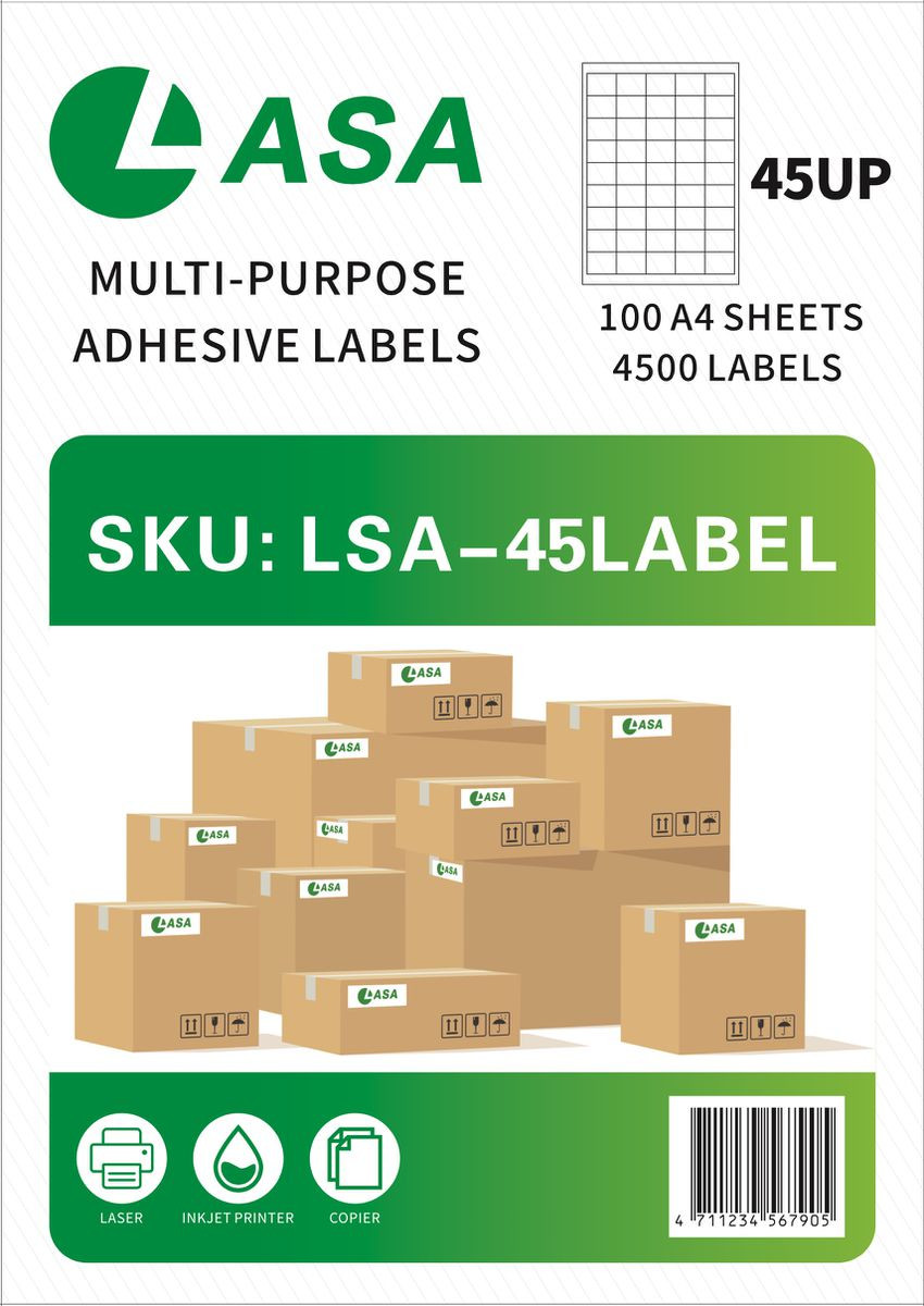 A4 Barcode Label Sheets, 45-Up, 1 Pack - Small Permanent Adhesive Labels