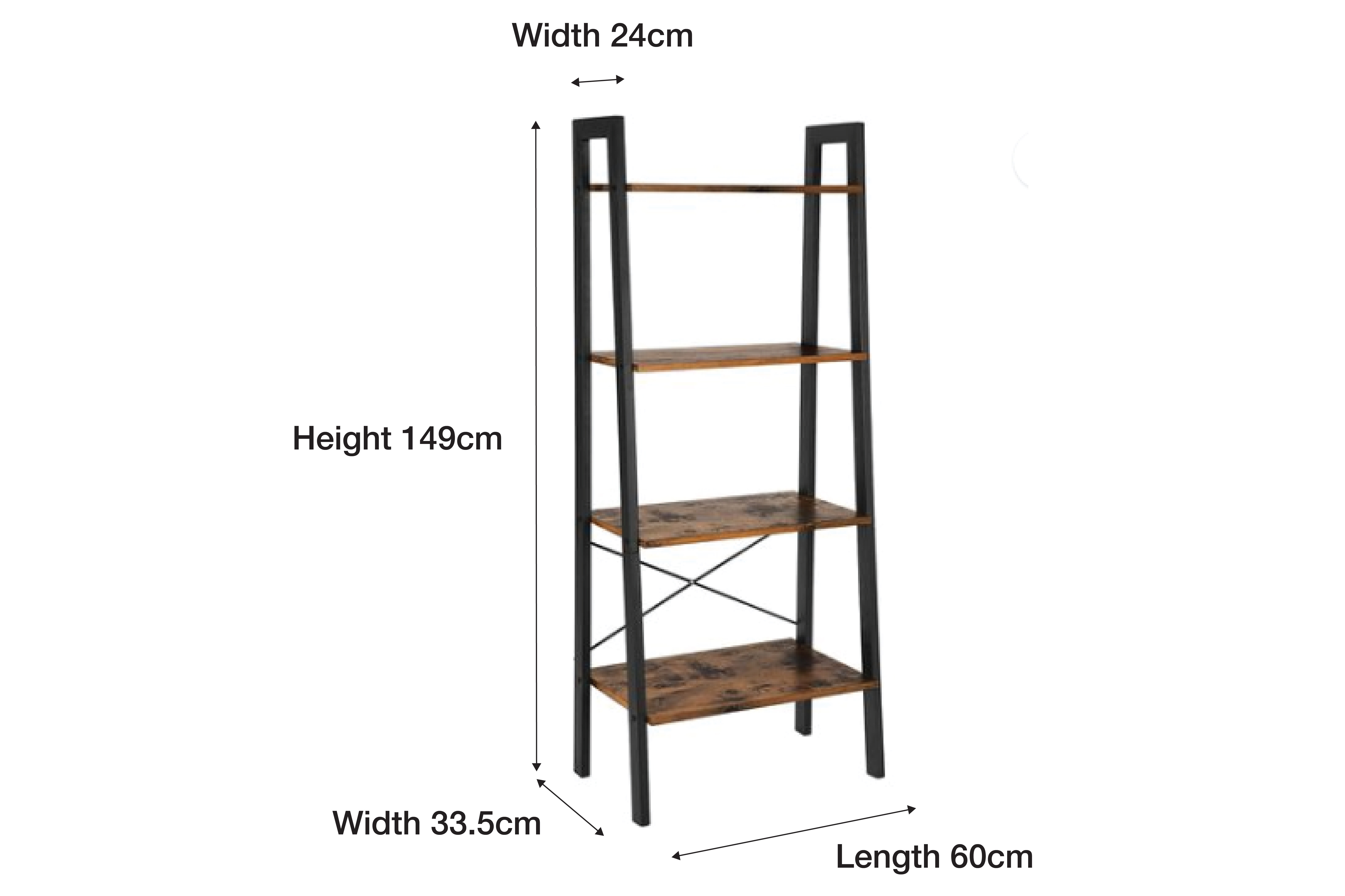 Lazava 4-Tier Ladder Bookshelf, Rustic Brown - Matte Black Steel Frame with X-Bars