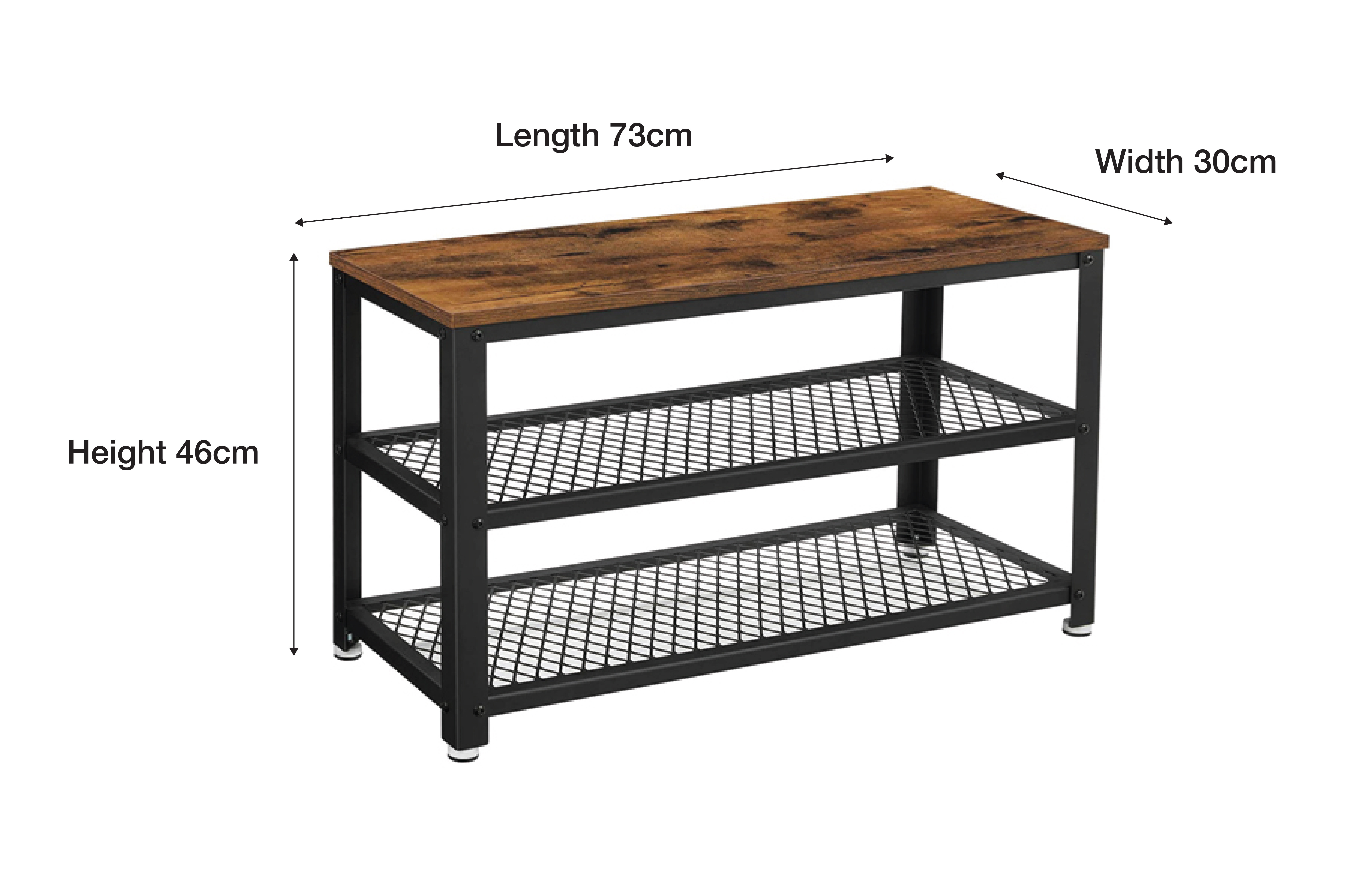 Lazava 3-Tier Industrial Shoe Bench, Rustic Brown - Entryway Seat with Mesh Shelves, 90kg
