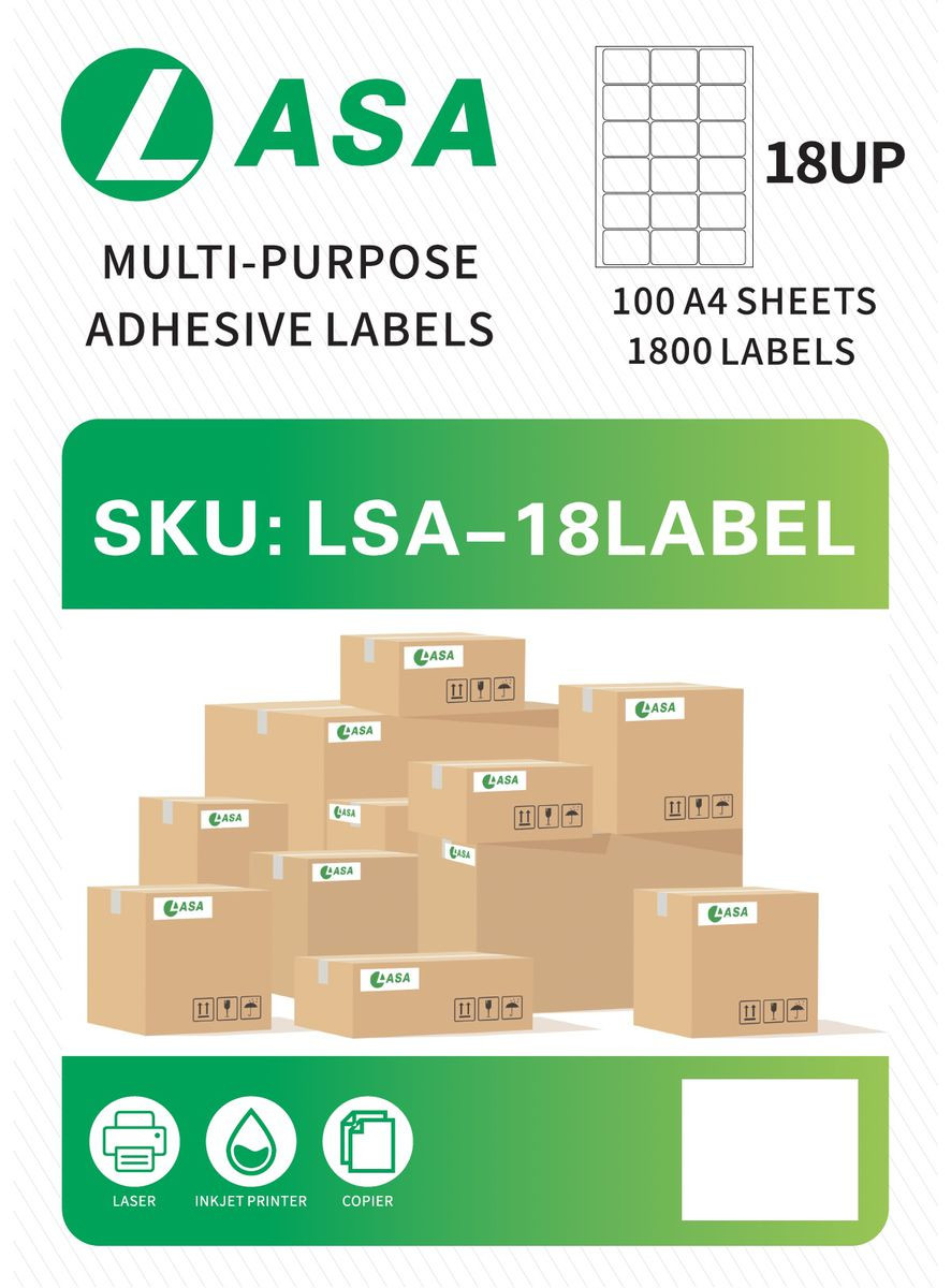 A4 Self-Adhesive Label Sheets, 18-Up, 100 Sheets - 1800 Labels for Laser & Inkjet