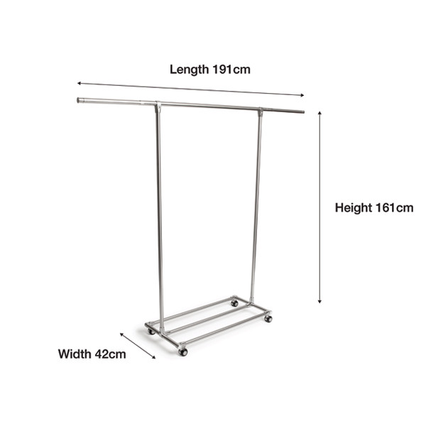 Lasa Extendable Single-Rail Garment Rack on Wheels, Silver Steel - 191 x 42 x 161cm, Flat-Tube Base, 30kg Load