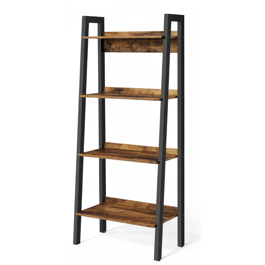 Lazava 4-Tier Narrow Ladder Bookshelf, Rustic Brown & Black - 55.9 x 32.3 x 137.4cm, Steel Frame