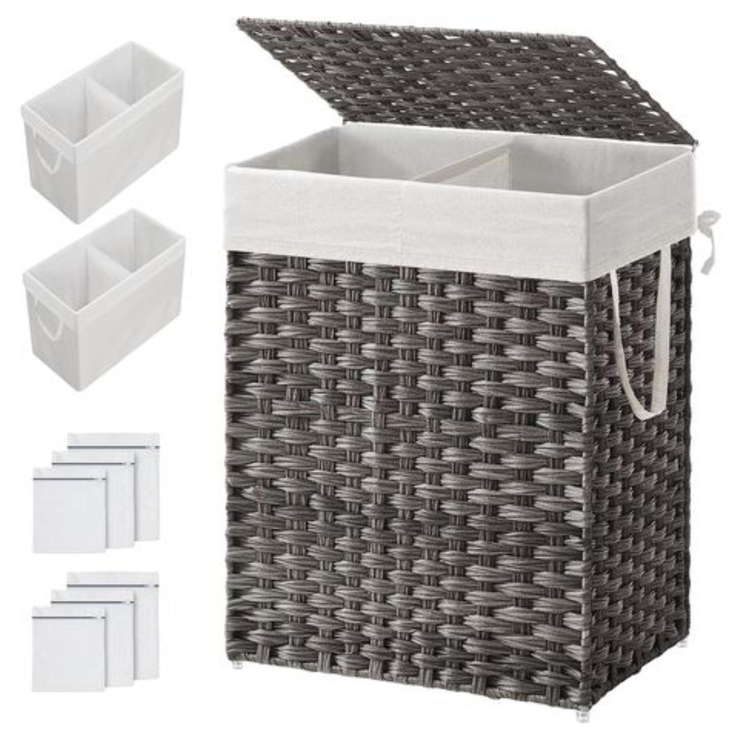 90L Woven Laundry Hamper with Lid, Grey - 2 Compartments with Removable Liners, 46 x 33 x 60cm