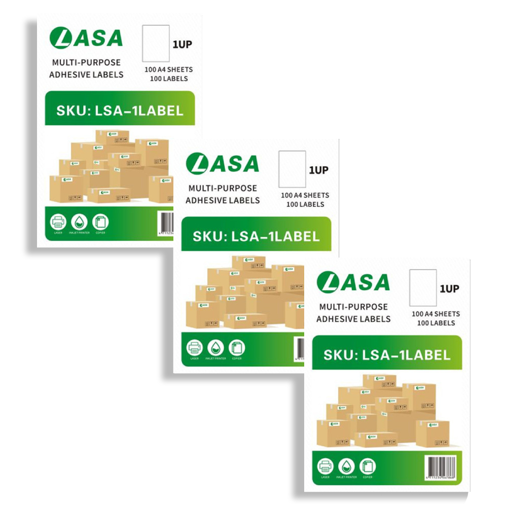 A4 Full-Sheet Adhesive Labels, 1-Up, 3-Pack - for Laser & Inkjet Printers