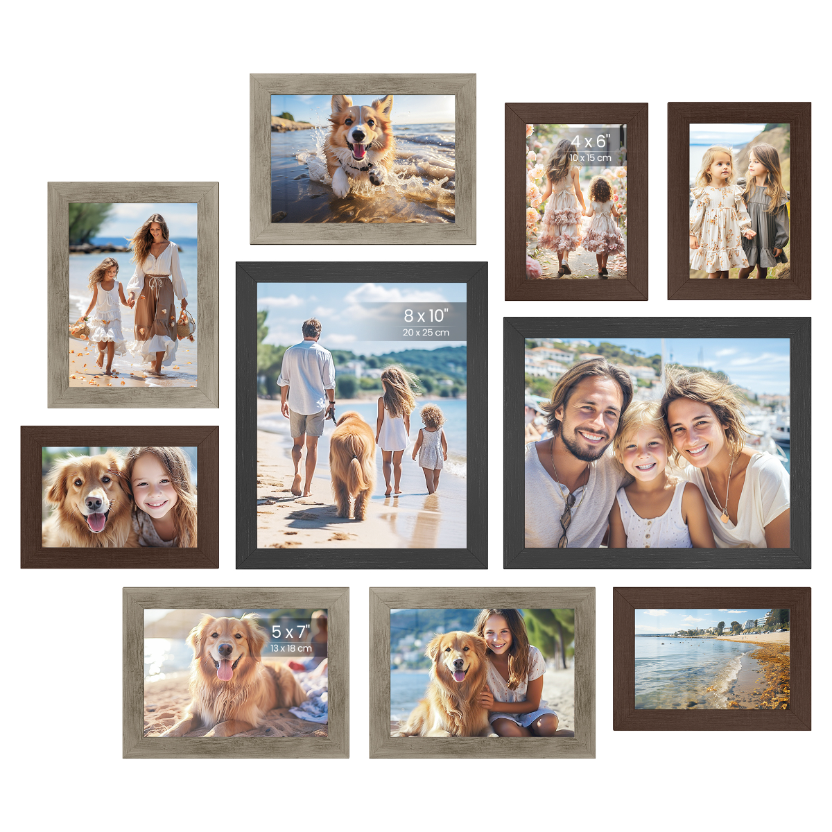 Collage Picture Frames, Set of 10 - Glass Front, Wall or Table Display, Mixed Colours