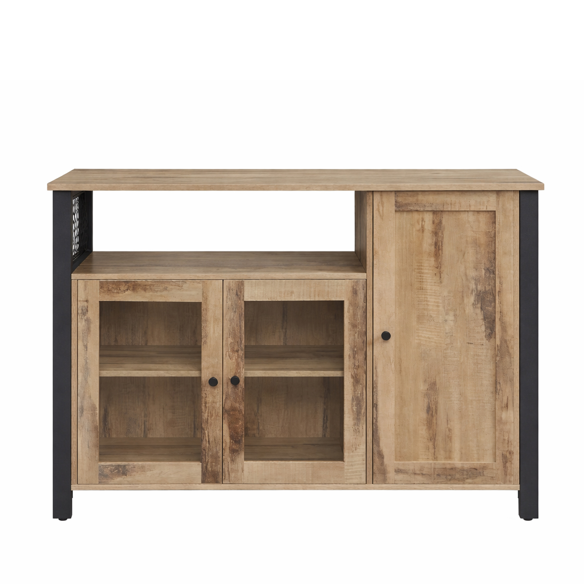 Lazava Sideboard Kitchen Storage Cabinet, Oak - 3 Doors, Black Accents