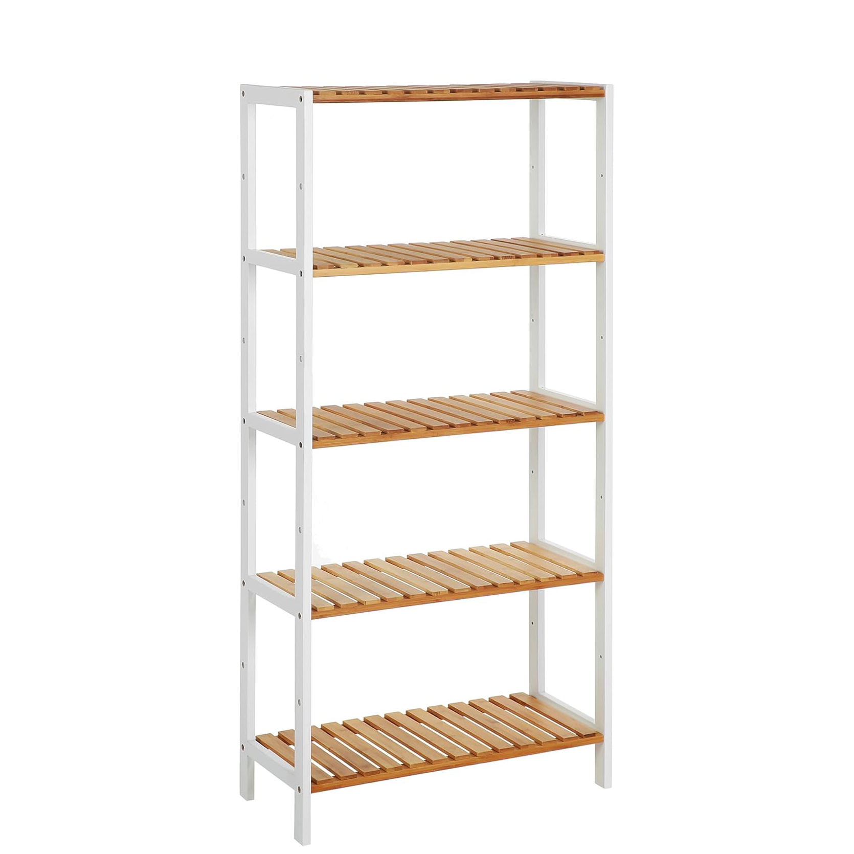 5-Tier Bamboo Storage Shelf, White Frame - Slatted Rack for Bathroom & Balcony, 10kg per Tier