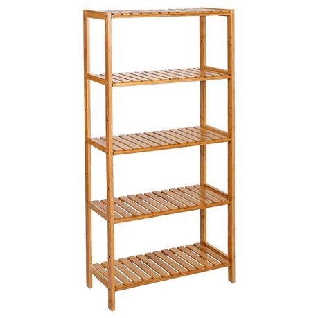 5-Tier Bamboo Standing Shelf, Brown - Wide Multi-Purpose Wooden Rack