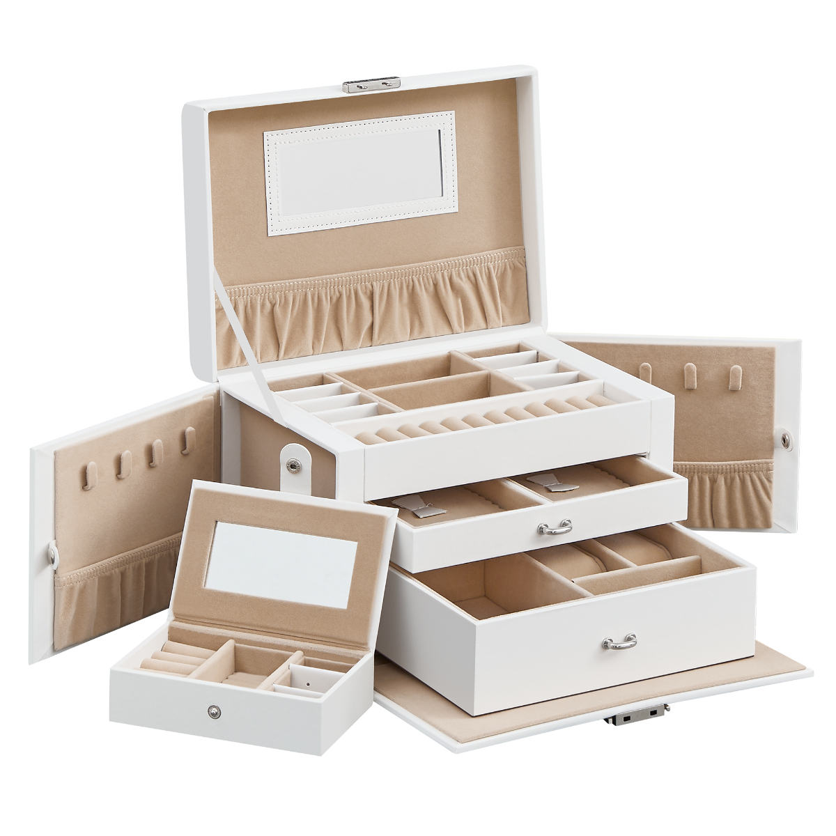 3-Layer Lockable Jewellery Box with 2 Drawers, White - Beige Velvet, Mirror & Travel Case, 26 x 18.2