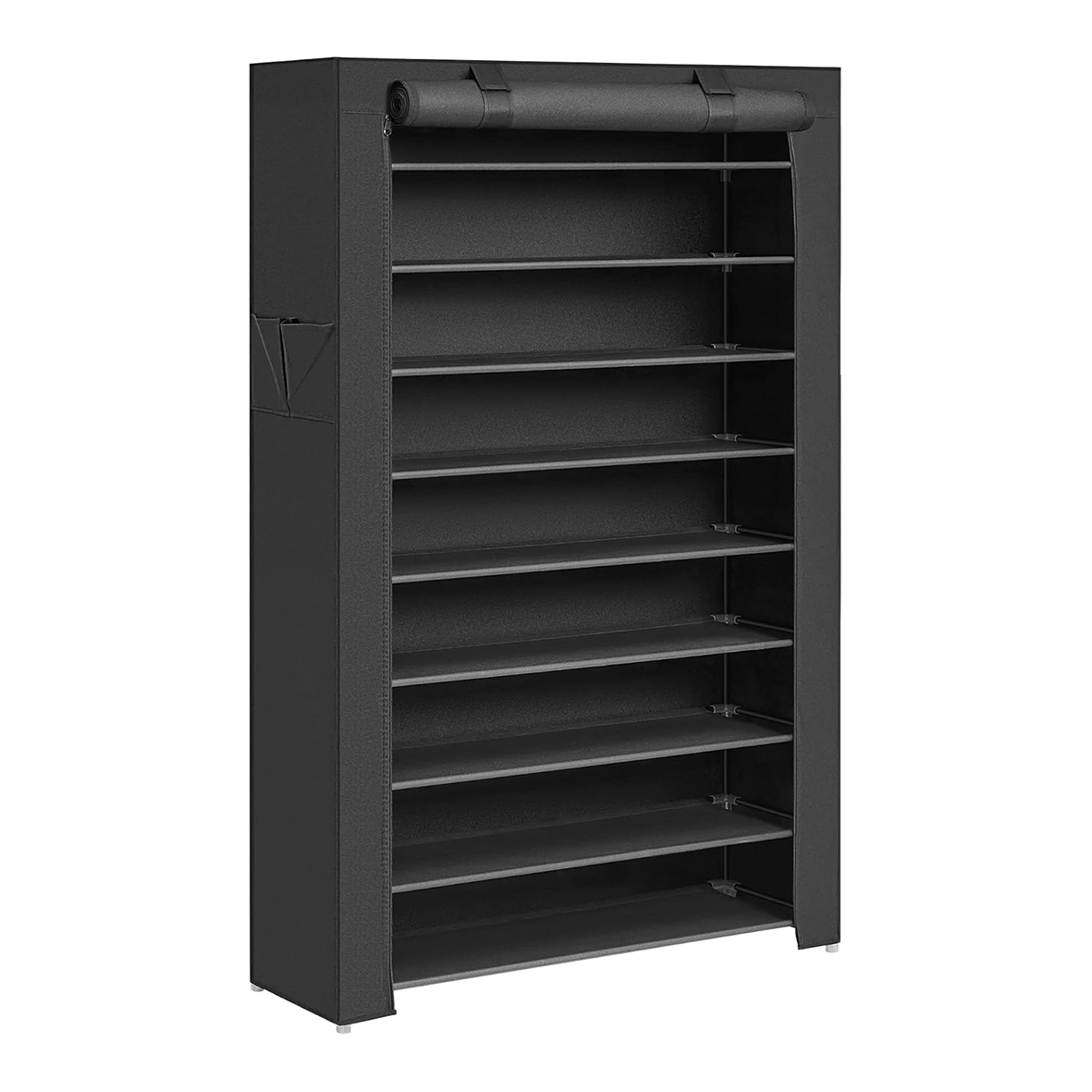 Black 10-Tier Shoe Rack with Dustproof Fabric Cover - Space-Saving Entryway Shoe Organiser