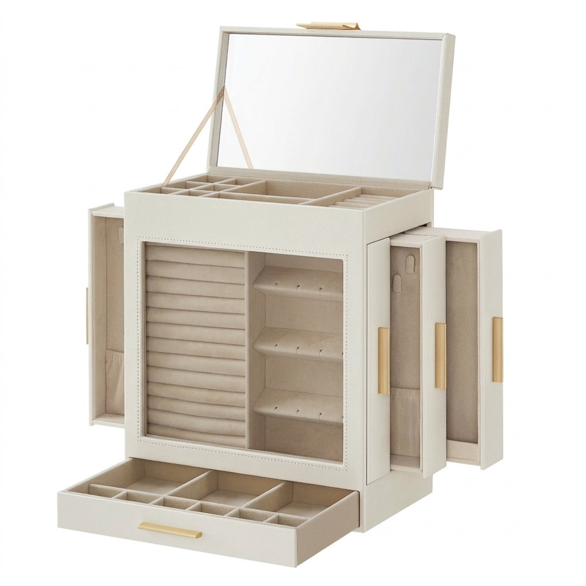 5-Layer Jewellery Box Organiser with 3 Side Drawers & Large Mirror, White & Gold