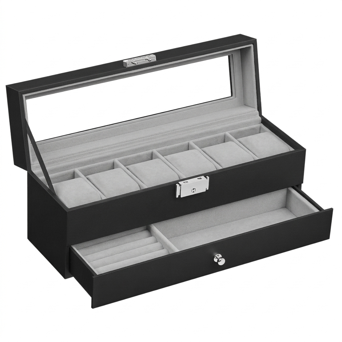 6-Slot Watch Box Organiser, 2-Layer with Glass Lid, Black - Velvet-Lined PU Case