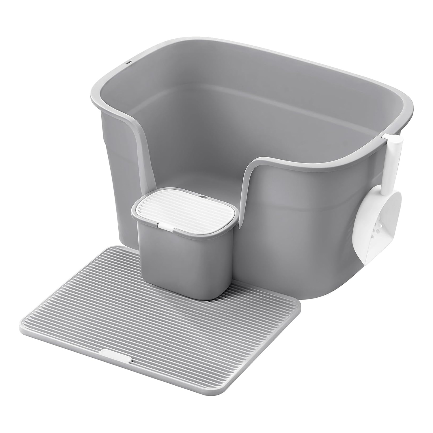 Extra-Large Cat Litter Box with High Sides & Scoop, Grey - Stops Scatter & Overspray