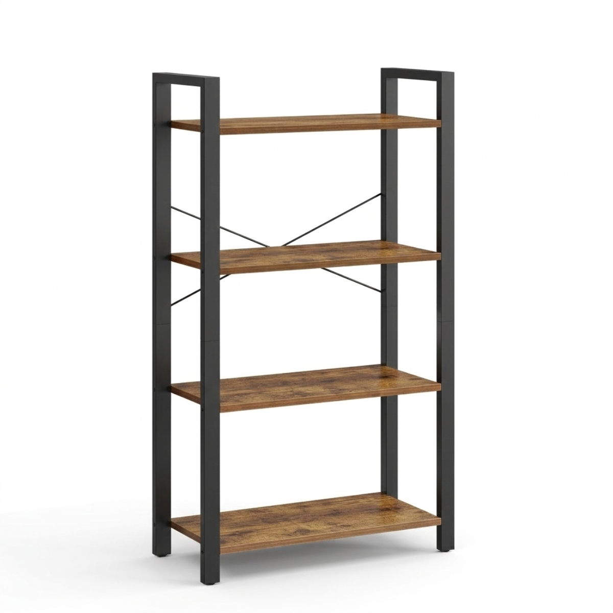 Lazava 4-Tier Industrial Bookcase, Rustic Brown & Black Steel - for Living Room, Office & Kitchen