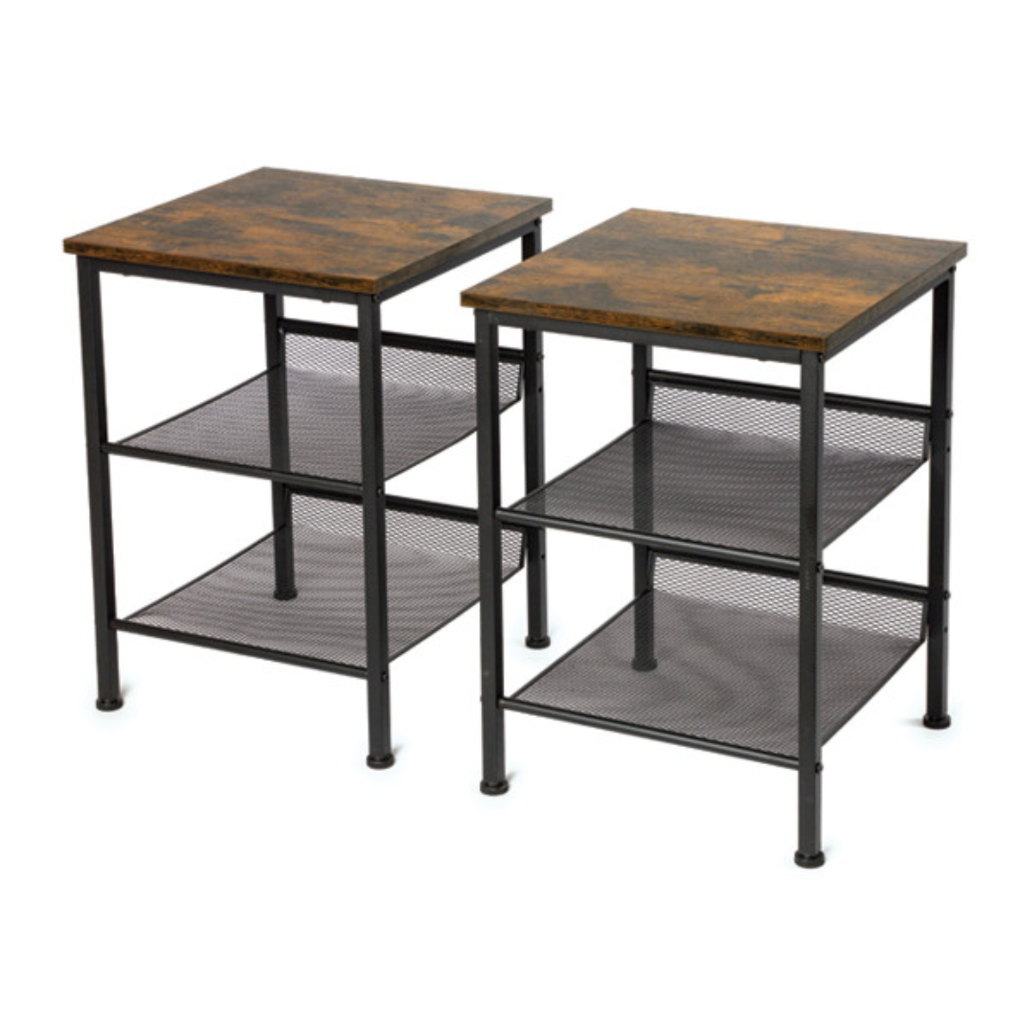 Lazava Industrial Side Tables, Set of 2, Black & Greige - Mesh Shelves, Flat or Slanted