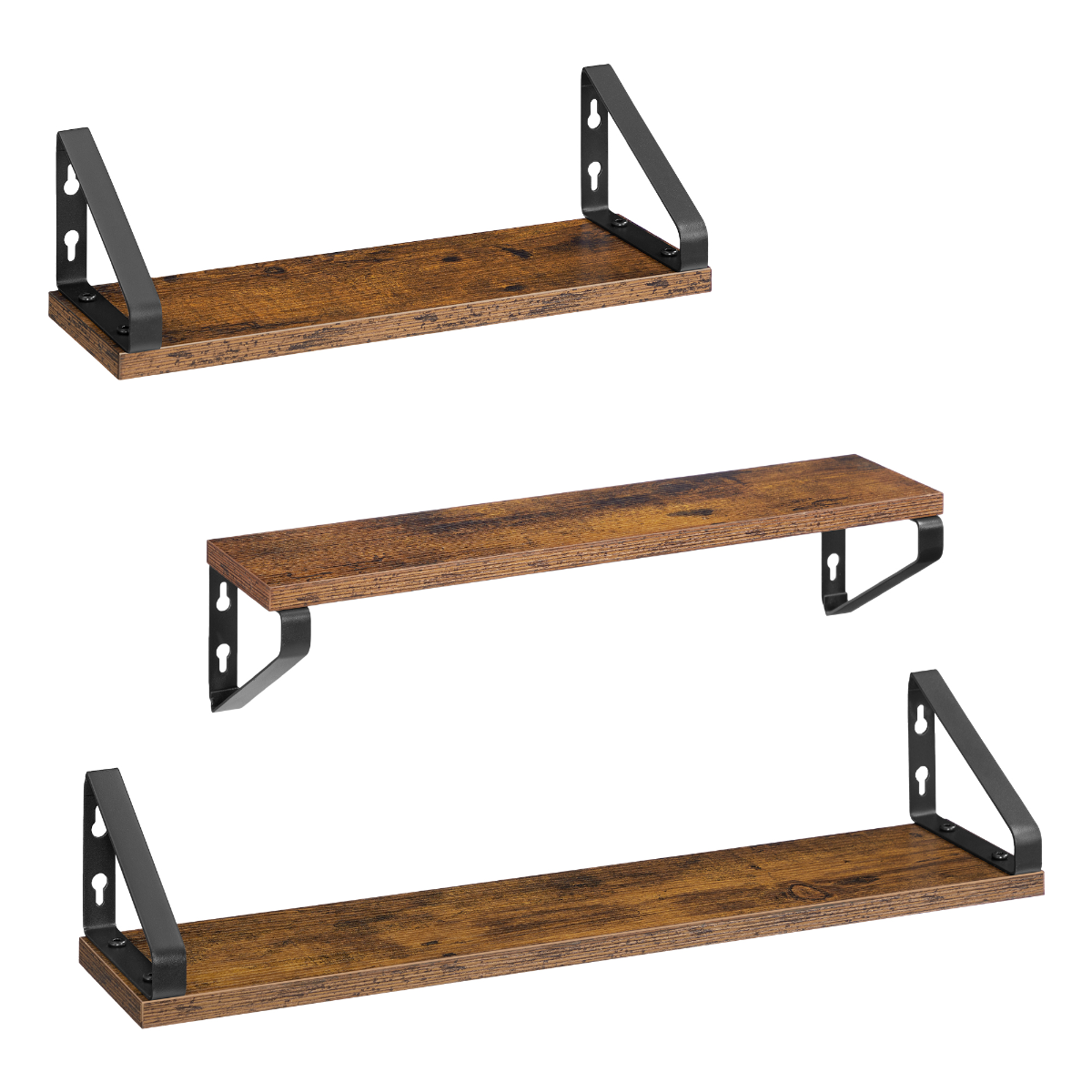 Lazava Floating Wall Shelves, Set of 3, Vintage Brown - 2 Mounting Options, Steel Brackets