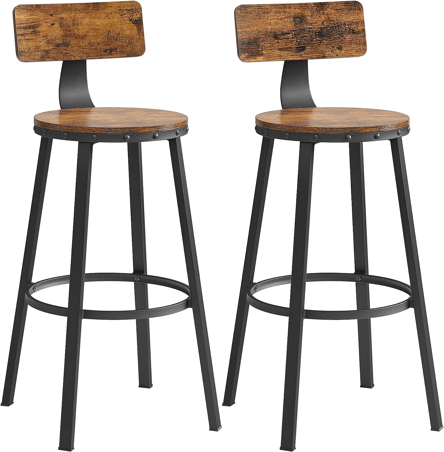 Rustic Counter-Height Bar Stools with Backrest, Set of 2 - Farmhouse Kitchen Seating