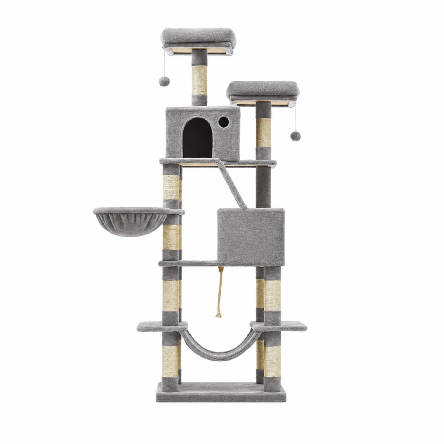 Large Multi-Level Cat Tower, Grey - Plush Condo with 13 Scratching Posts
