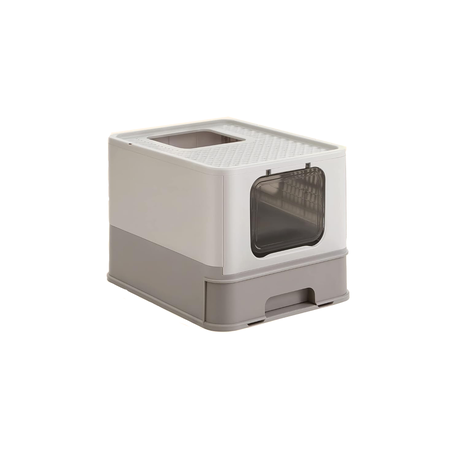 Foldable Cat Litter Box with Lid, Drawer & Scoop, Grey - Enclosed Odour Control