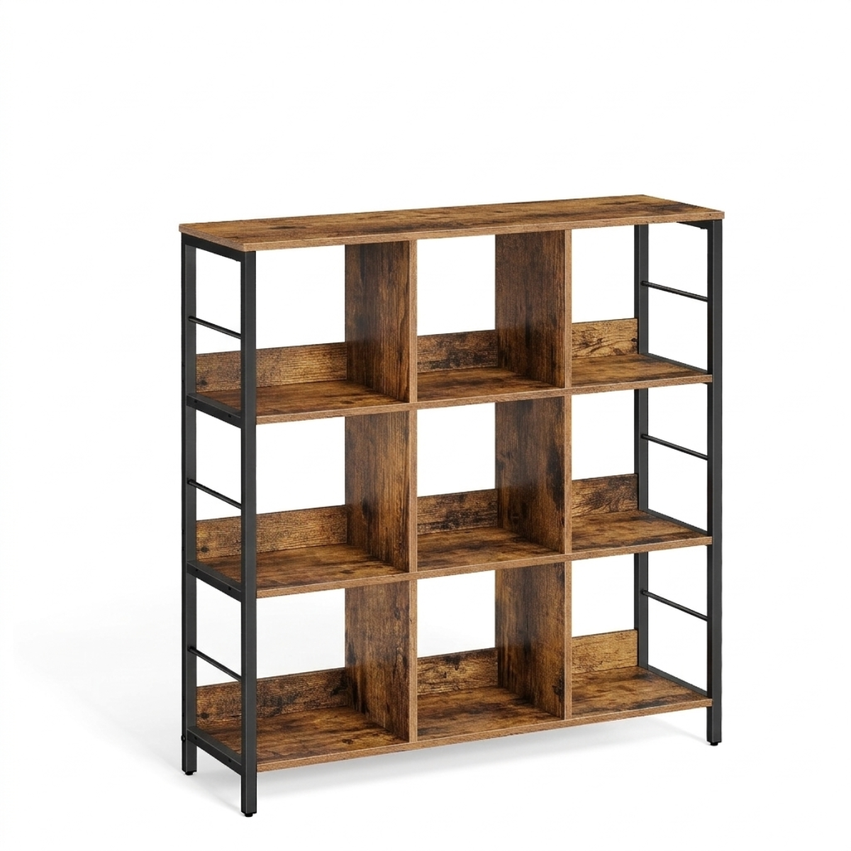 Lazava 9-Cube Industrial Display Shelf, Rustic Brown - Black Steel Frame, Open Storage