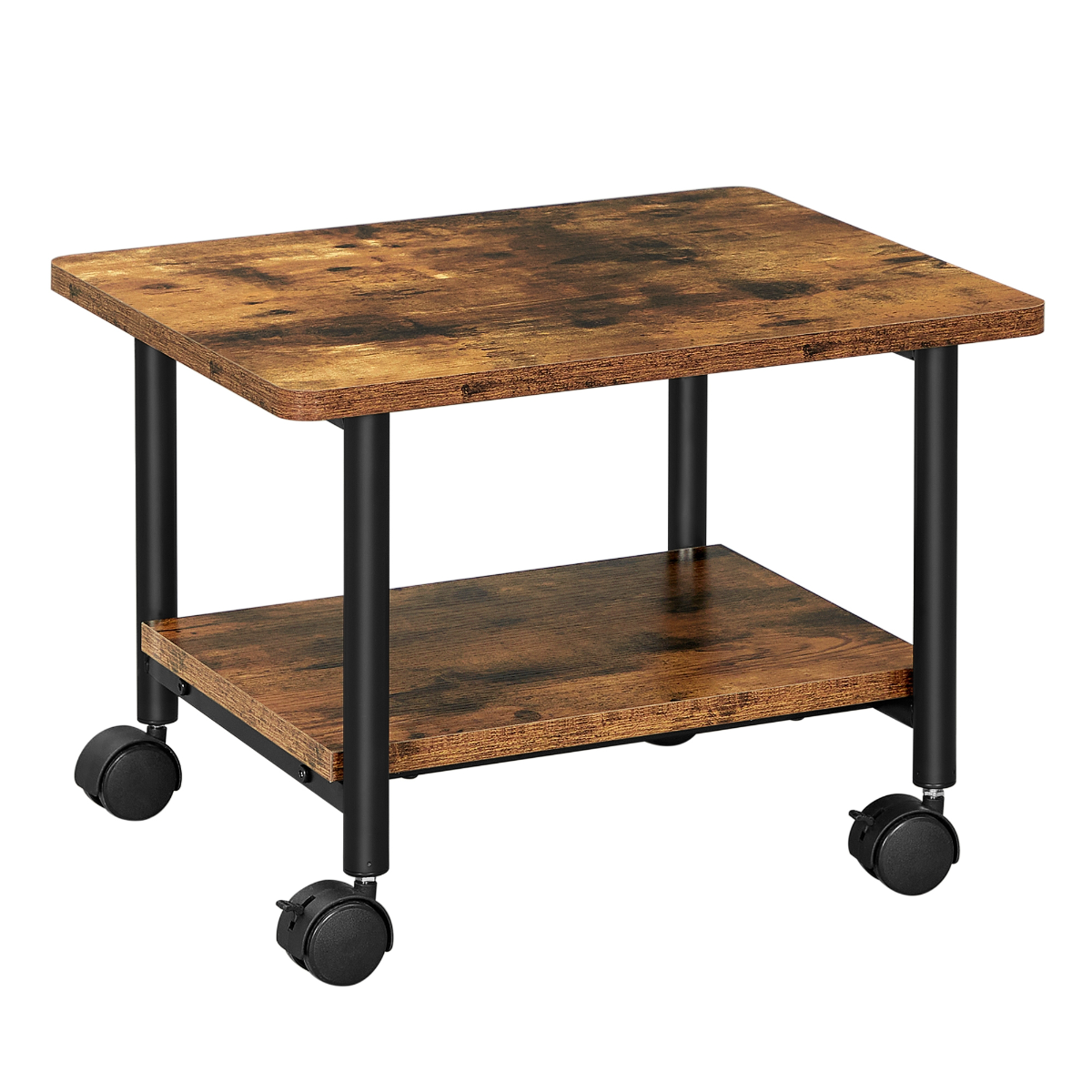 Lazava 2-Tier Low Mobile Printer Cart with Locking Wheels - Rustic Wood-Effect Office Stand