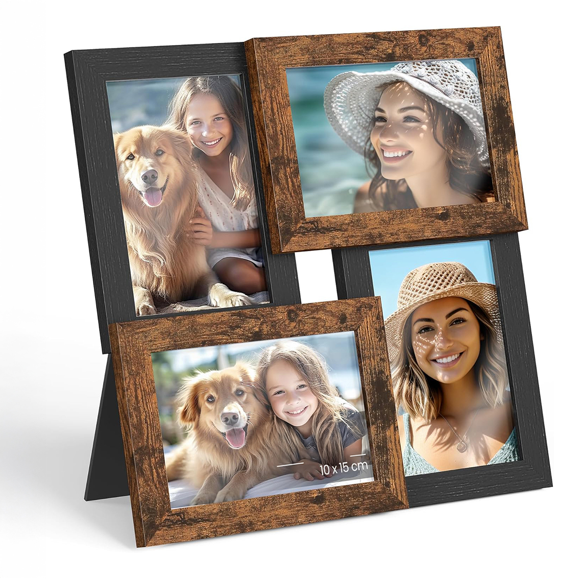 4-Photo Collage Frame for 10 x 15cm Pictures, Black & Rustic Brown - Layered MDF with Glass, 30.5 x