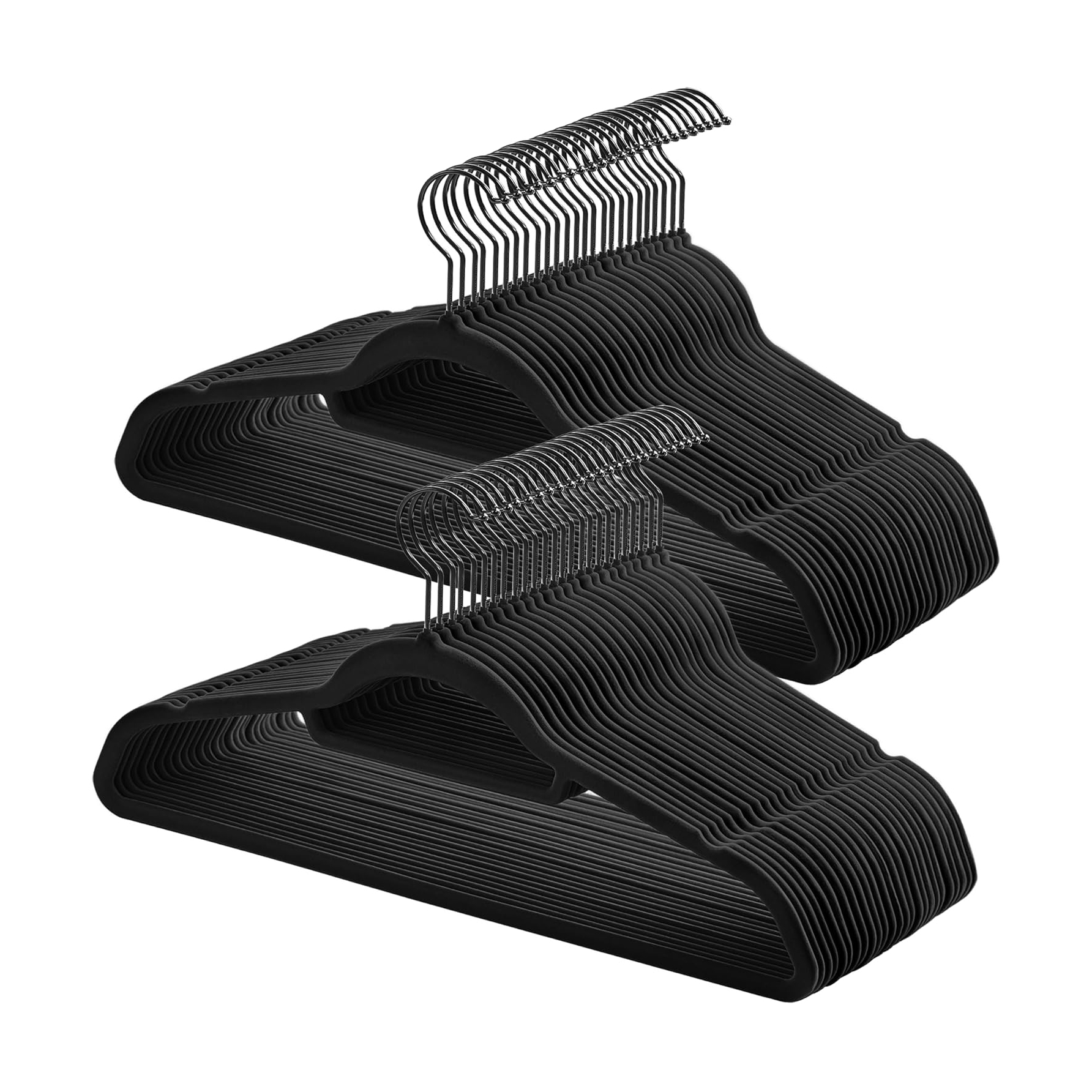 Non-Slip Velvet Hangers, Black - 50-Pack, Swivel Hook & Tie Bar for Wardrobe