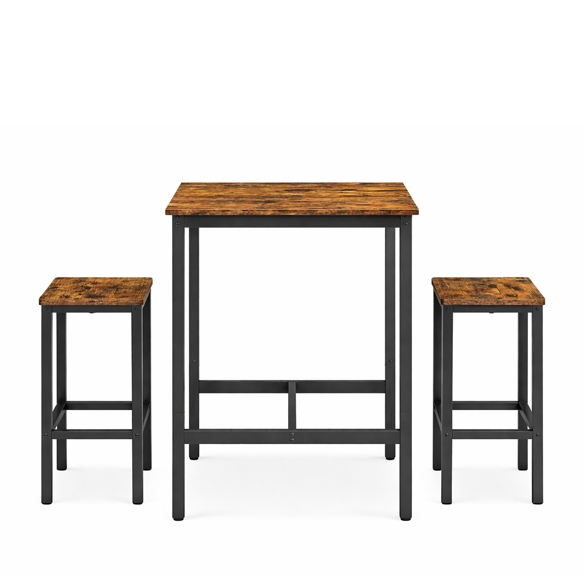 Lazava Square Bar Table & 2 Stools Set, Rustic Brown - Space-Saving Industrial Dining Set
