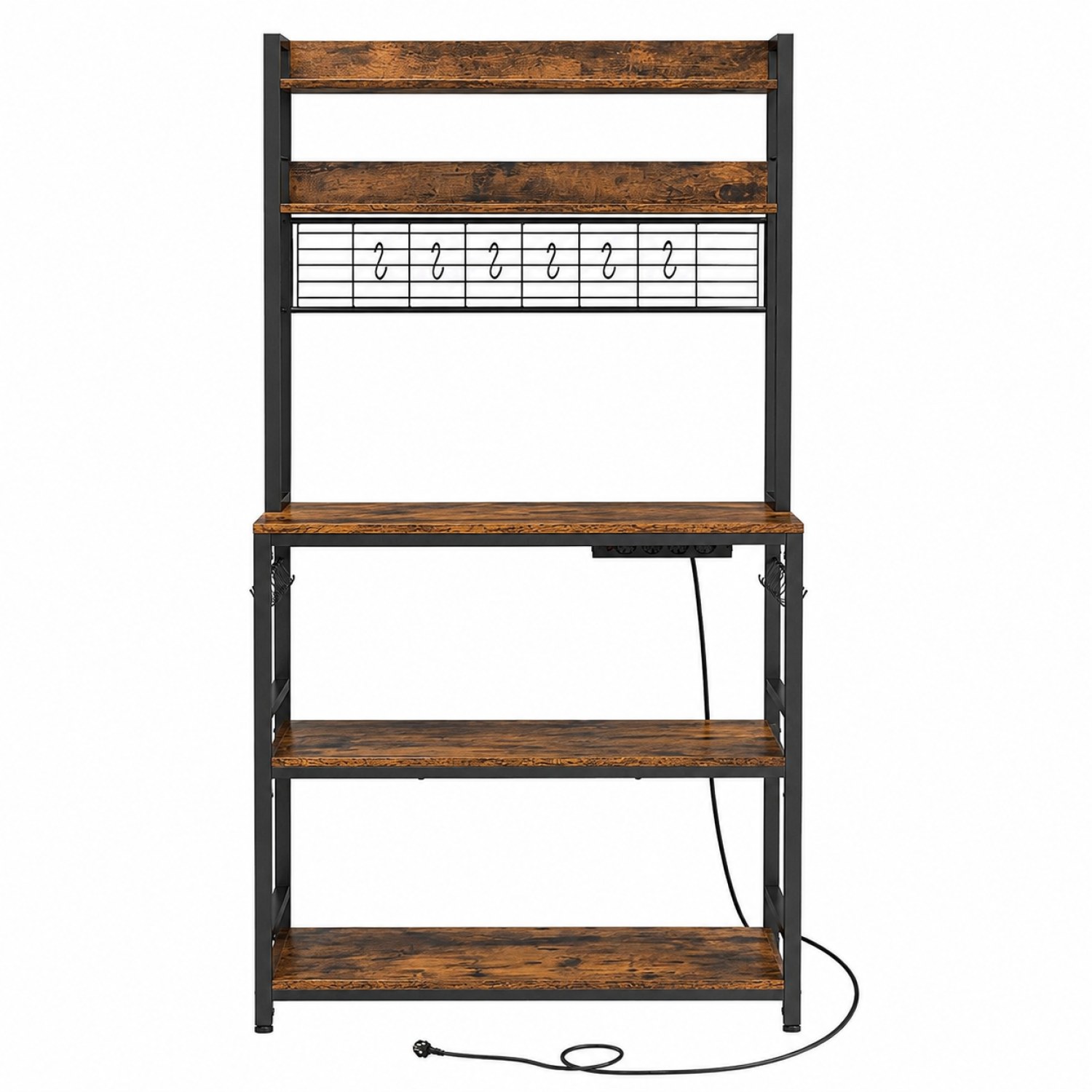 Lazava Kitchen Baker's Rack, Rustic Brown - Coffee Bar & Microwave Stand (Comes with Asian-Plug Power Strip)