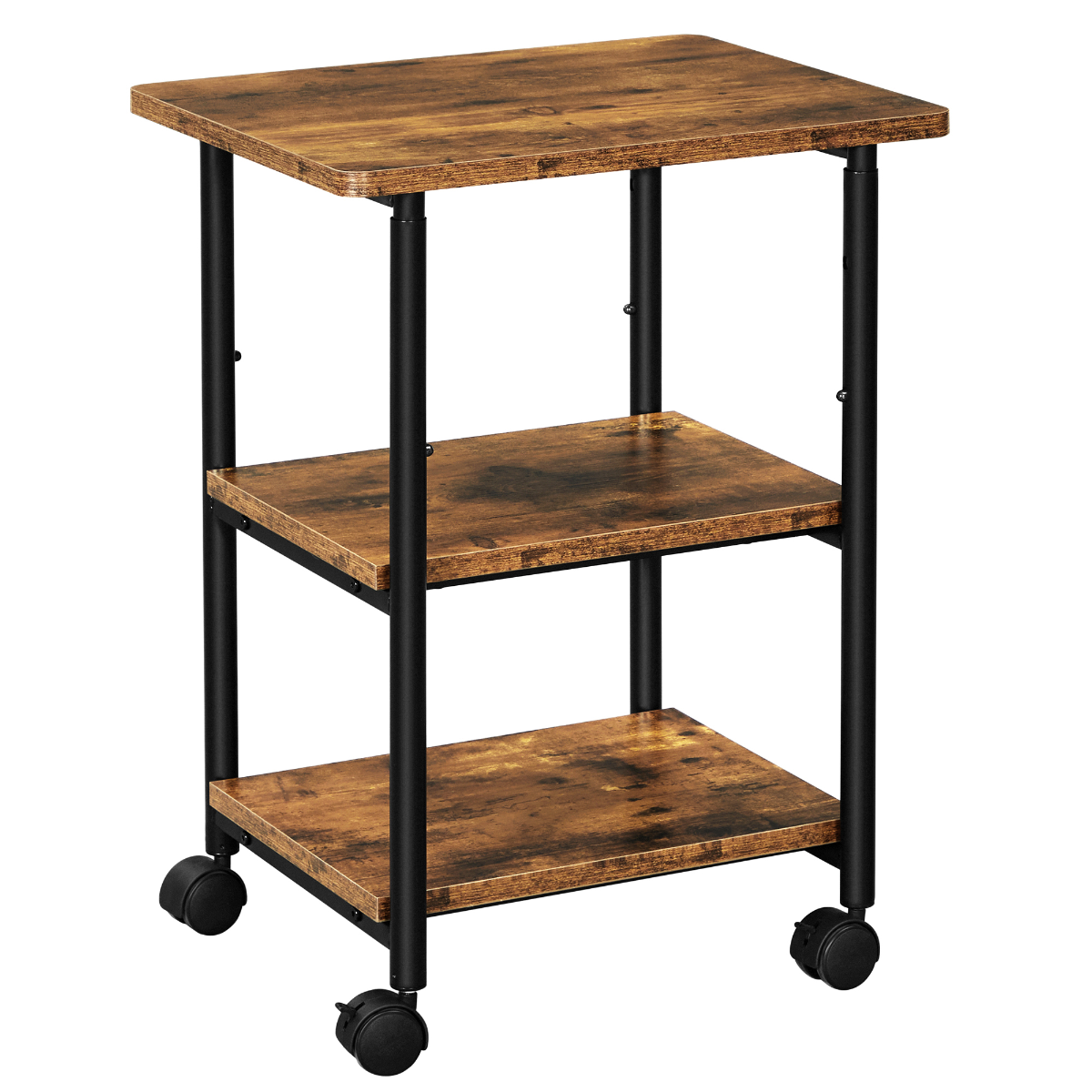 Lazava 3-Tier Mobile Printer Stand with Locking Wheels - Rustic Wood-Effect Office Storage Cart