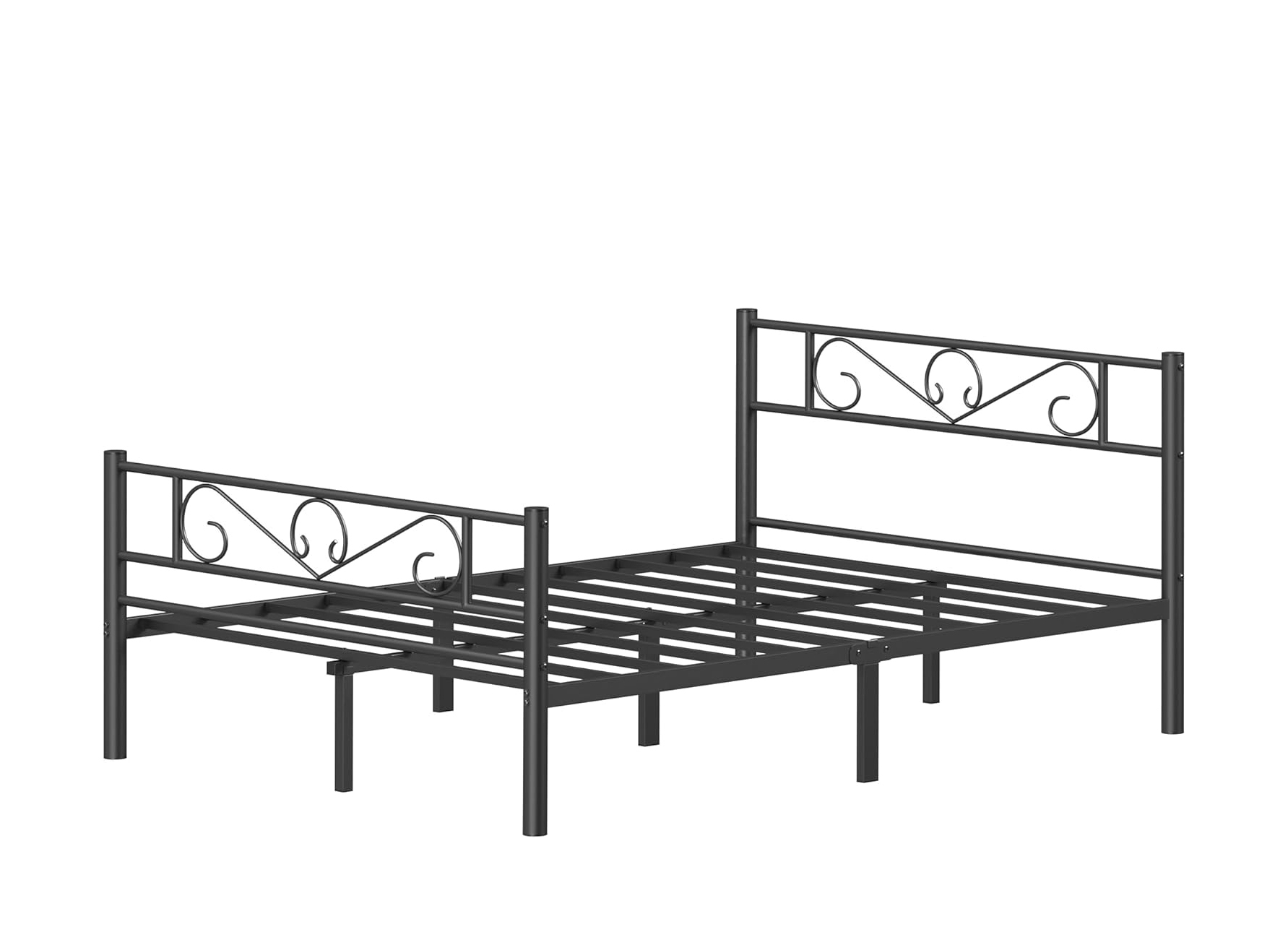 Black Metal Bed Frame with Scroll Headboard, Double 140 x 190cm - Steel Slats, 250kg, 26.5cm Under-B