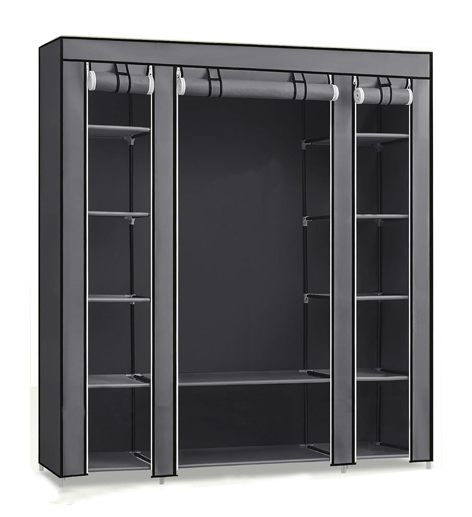 Portable Fabric Wardrobe with Clothes Rail & Storage Compartments - Dust Cover
