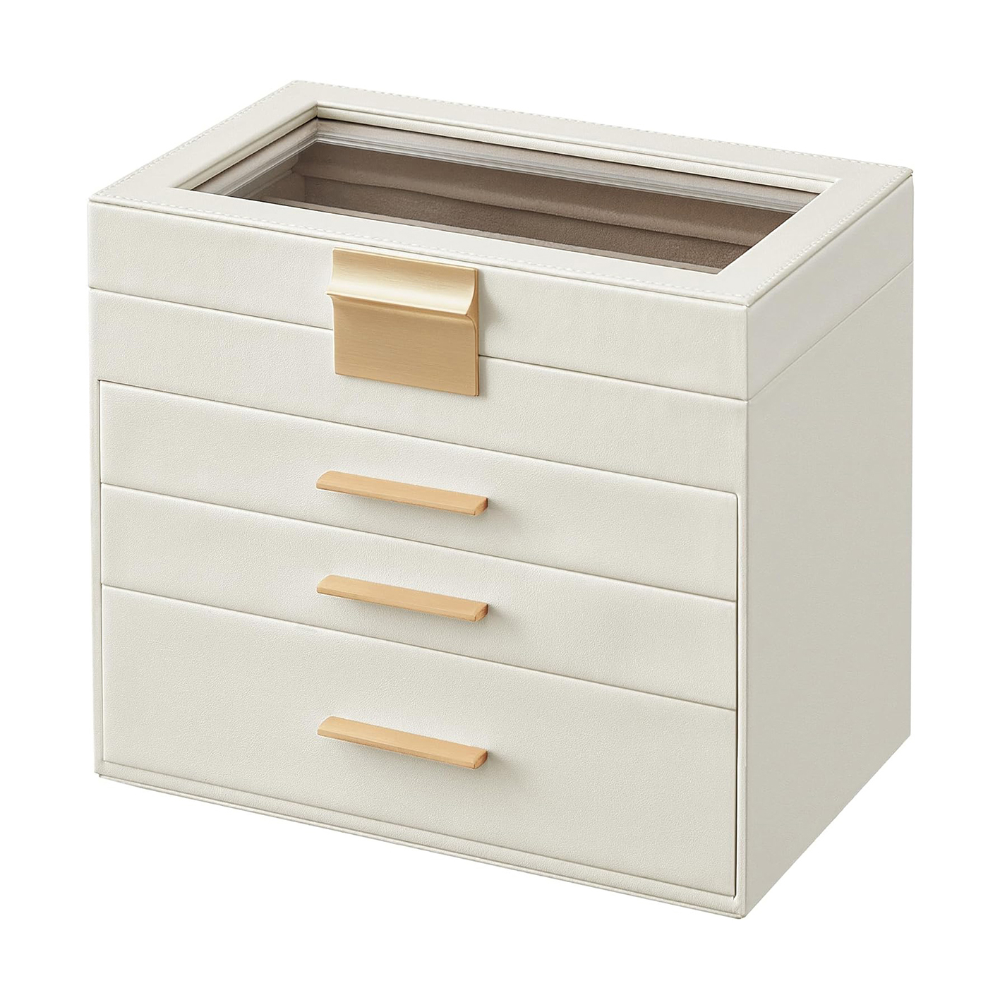 Jewellery Box with Glass Lid & Drawers, White - Modern Organiser for Rings & Necklaces