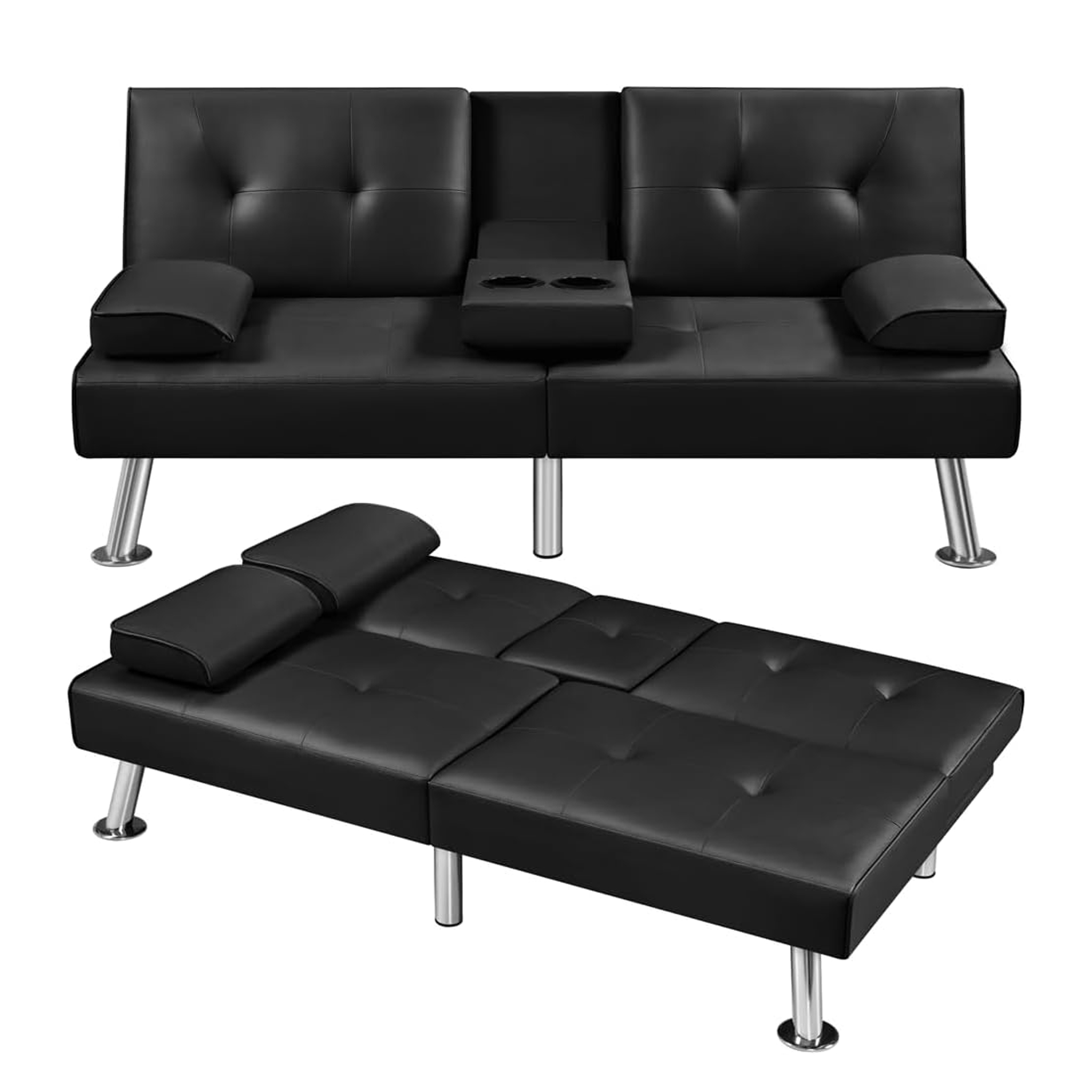 Modern Faux Leather Sofa Bed, Black - Adjustable Recliner with Cup Holders
