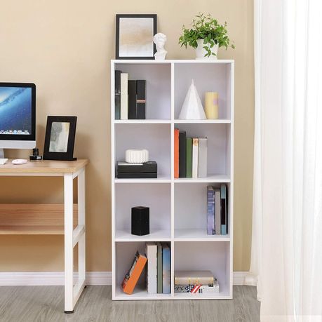 Lazava 8-Shelf Cube Bookcase, White - Wooden Storage & Room Divider for Home & Office